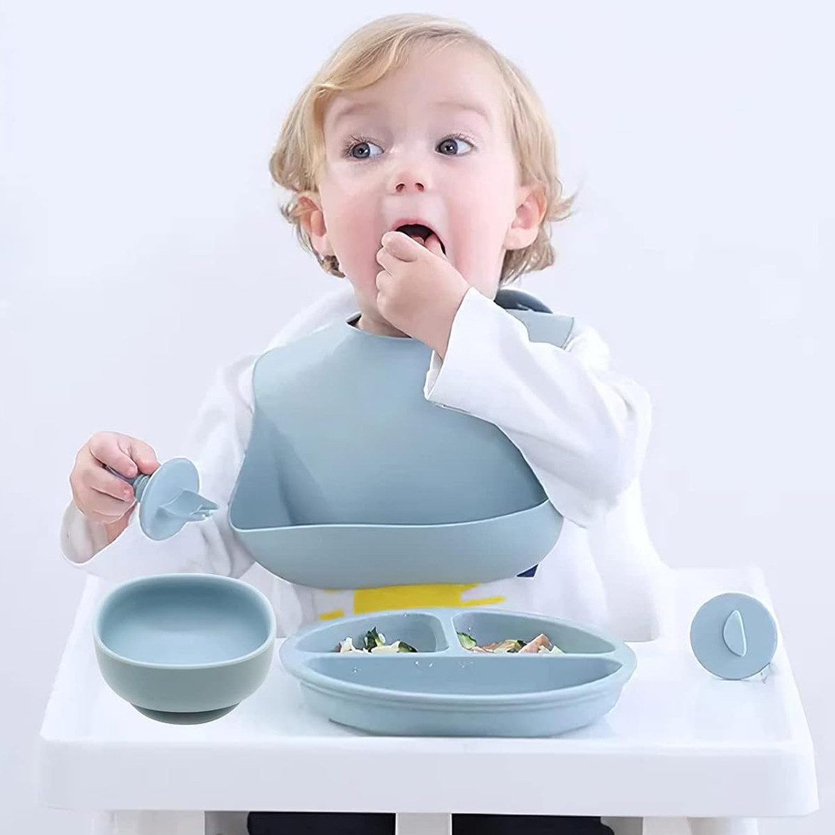 KINSI Kindergeschirr-Set Kindergeschirr-Set 8-teilig, Silikongeschirr, Eichhörnchen-Design, 1 Personen, rutschfestes, Löffel-, Gabel-, Schüssel-, Teller- und Besteckset