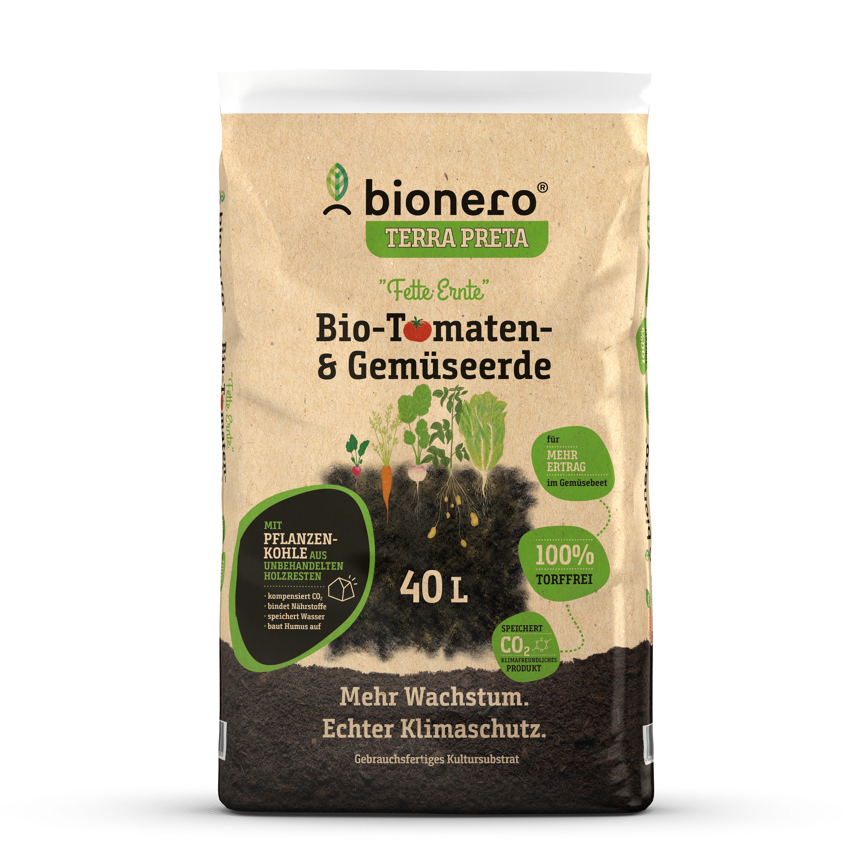 bionero TERRA PRETA Bio-Erde Tomaten- & Gemüseerde Fette Ernte, mit Pflanzenkohle, 100% torffrei, klimafreundlich, regional