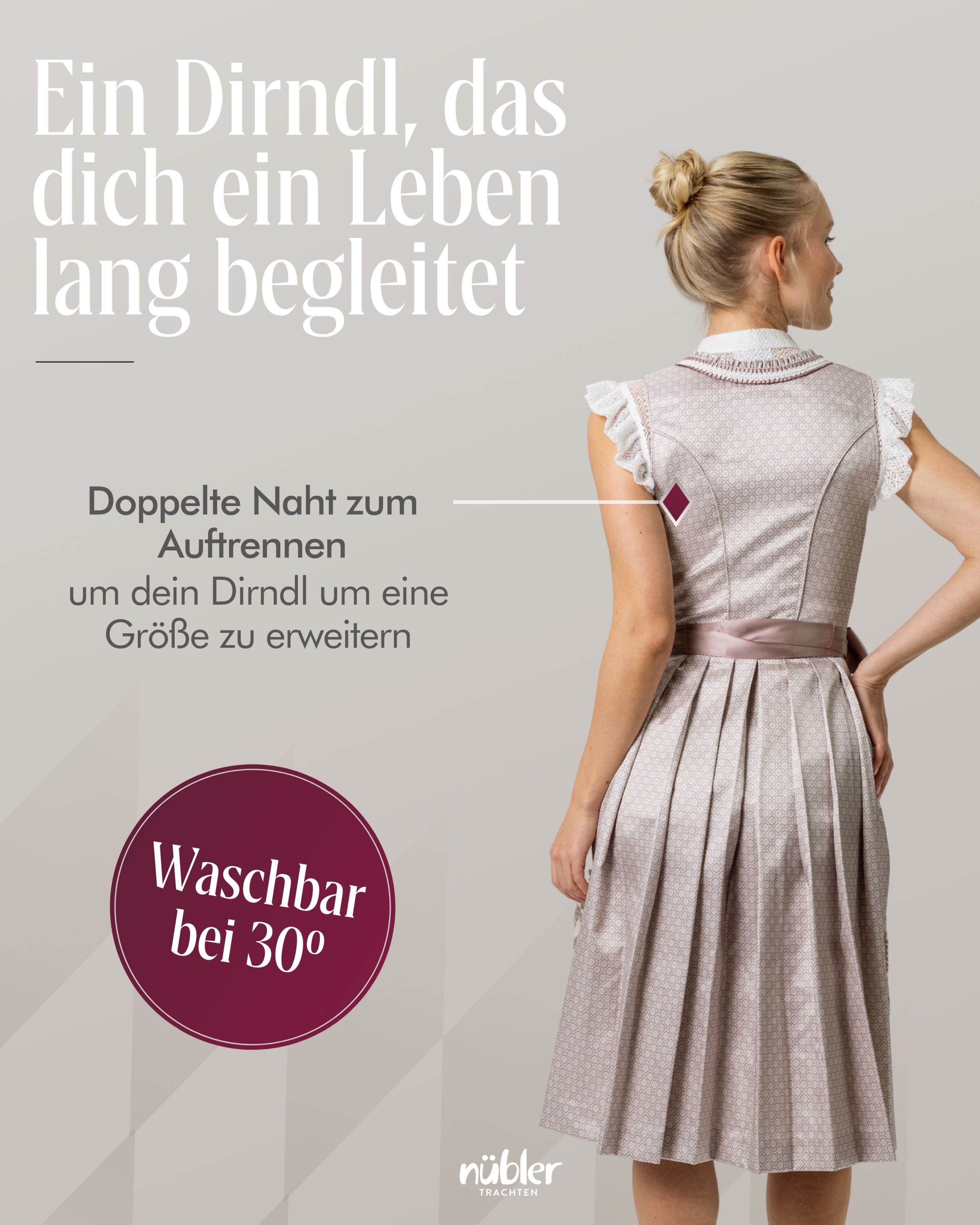 Nübler Trachtenkleid Dirndl Midi Tessa in Taupe von Nübler - Rocklänge 65 cm