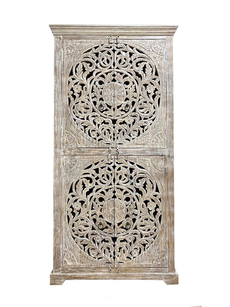 Oriental Galerie Mehrzweckschrank Weiß Whitewash Schrank Latika Indien 200 cm Handarbeit