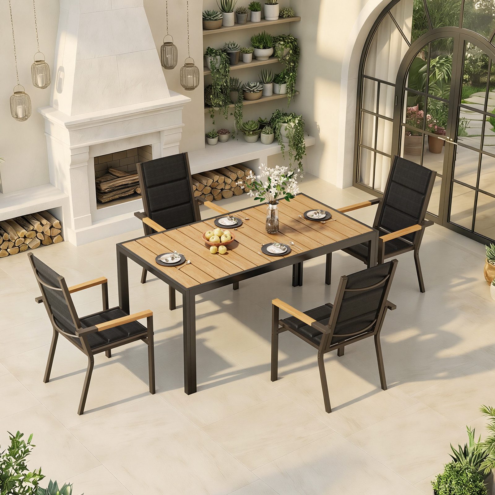 Garten-Essgruppe 150/180cm Holzoptik Aluminiumtisch und Gartenstühle mit Holzarmlehnen