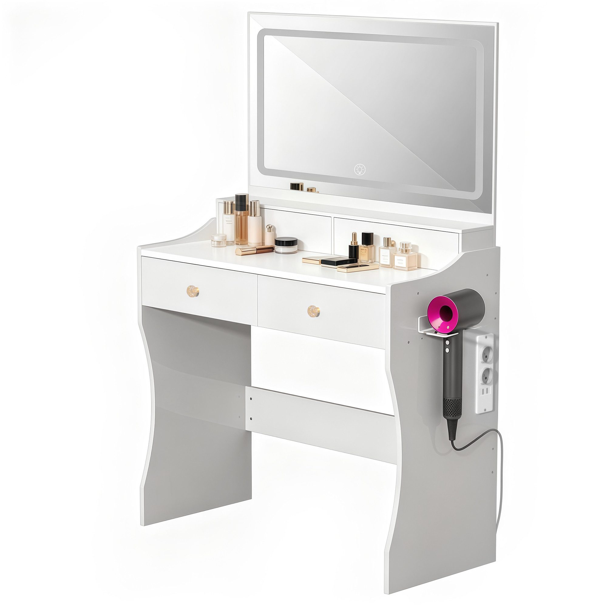 GLIESE Schminktisch mit LED Beleuchtung, Föhnhalterung, Spiegel (1-St., Frisierkommode), 2 Steckdose + 2 USB, Stufenloser Dimmfunktion, 87x40,5x135cm