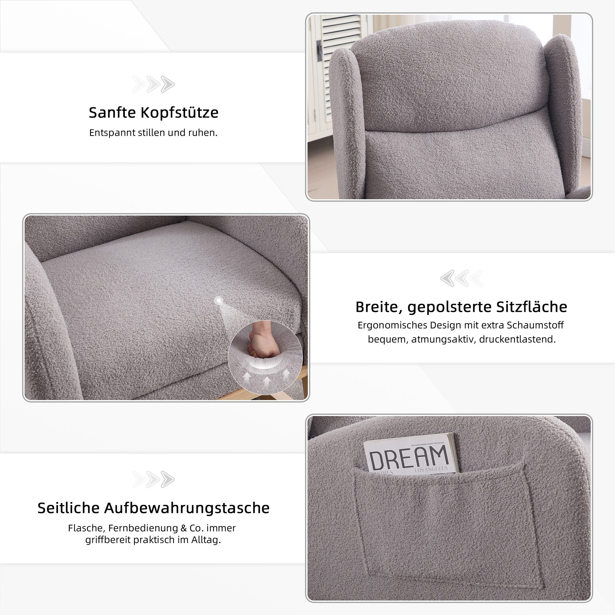 HAUSS SPOLE Schaukelstuhl mit Fußstütze,Relaxsessel Schaukelsessel Polsterstuhl mit Tasche (Ergonomischer Relax- und Stillstuhl aus Teddy-Stoff, 1 St), Hohe Rückenlehne, platzsparend, ideal für Wohnzimmer & Schlafzimmer