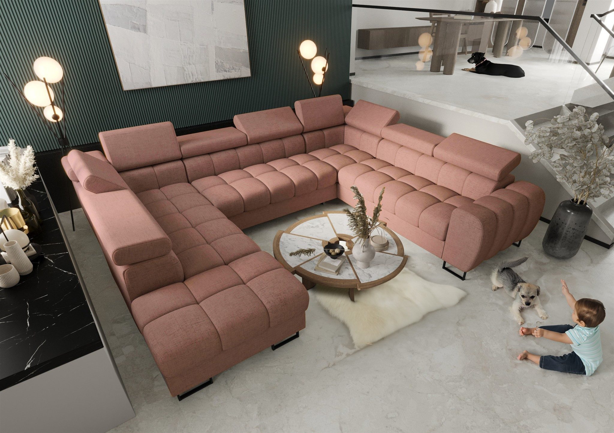 Fun Möbel Wohnlandschaft Schlafsofa BASTIEN XL mit Ottomanen in Stoff, inkl. Bettkästen, mit Rundumbezug, ausziehbare Liegefläche