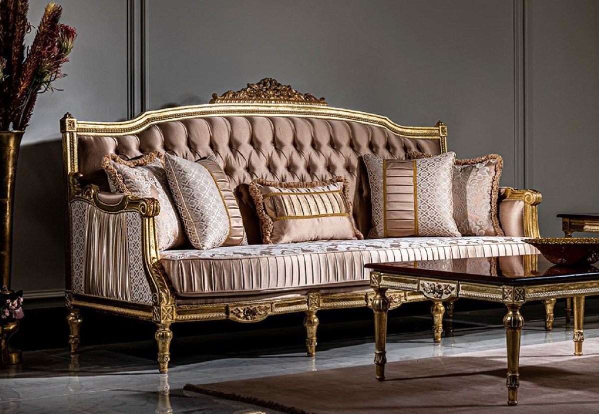 Casa Padrino Sofa Luxus Barock Sofa Rosa / Weiß / Gold - Handgefertigtes Wohnzimmer Sofa mit dekorativen Kissen - Barock Möbel