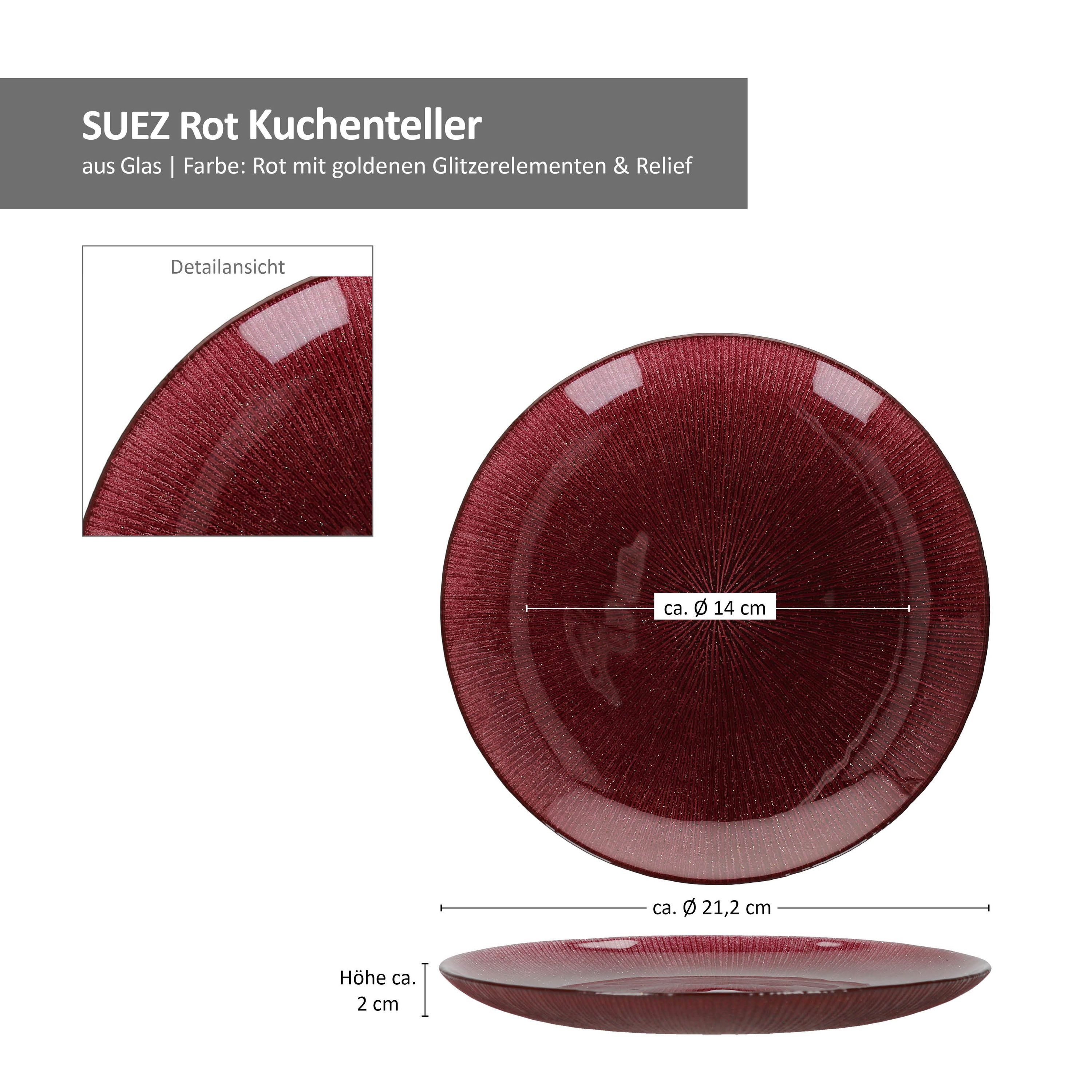 MamboCat Frühstücksteller 6x Suez Kuchenteller Ø21,2cm Glas Rot Glitzer Dessert Weihnachten