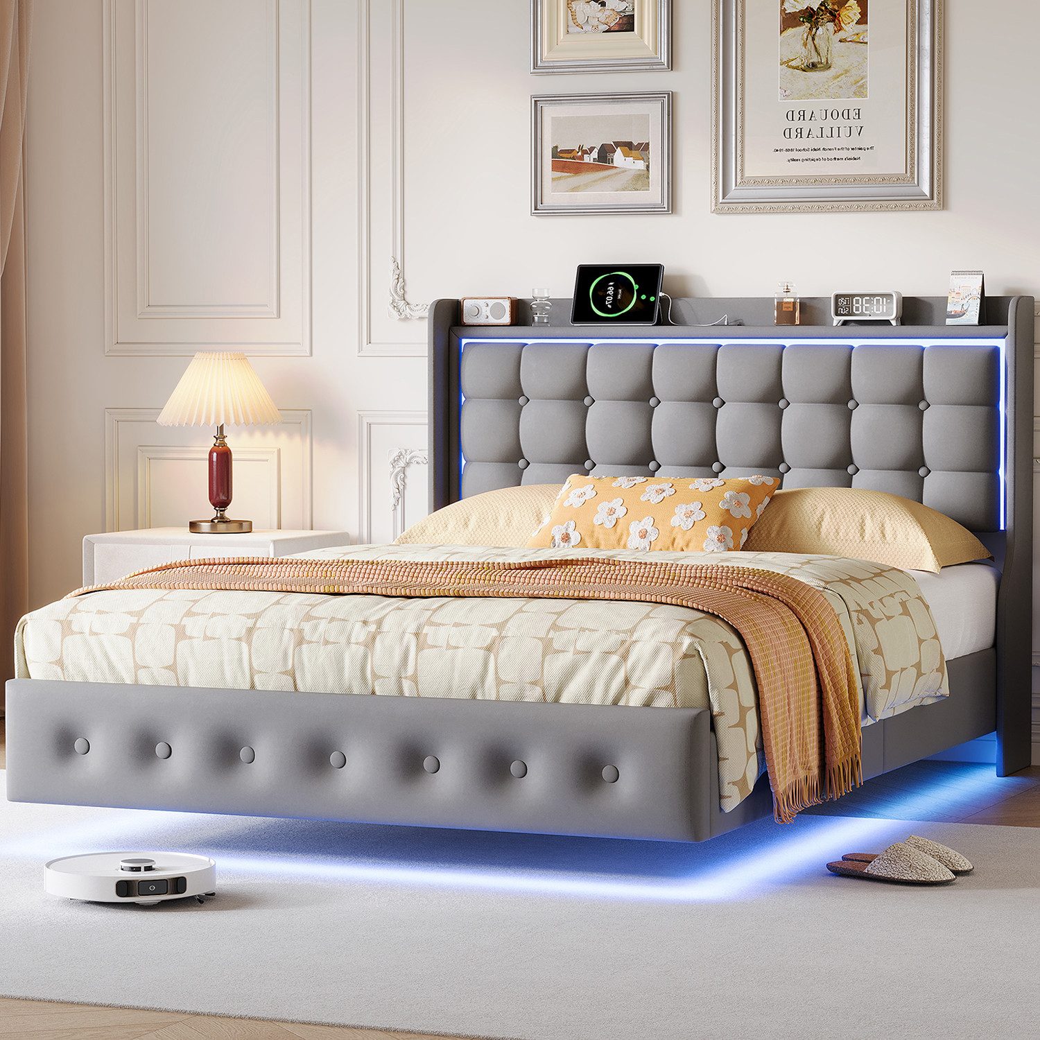 ADWOLT Polsterbett Doppelbett Schwebebett Mit LED-Licht und USB+Typ-C Anschluss (Packung, 1-tlg., Jugendbett), 140x200 cm, Versteckte Bettbeine, Samtstoff - grau
