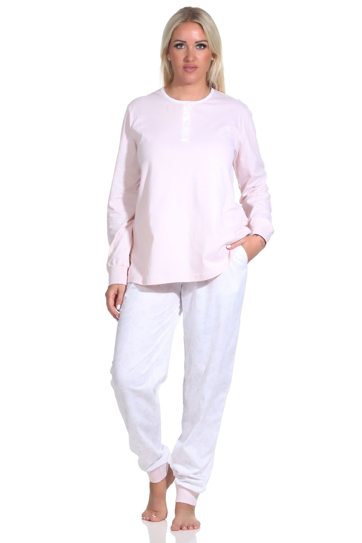 Normann Pyjama Damen Knopfleiste mit + langarm gemusterter rosa Paysley Hose Schlafanzug
