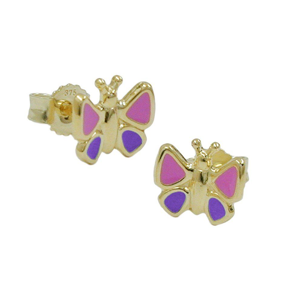 Schmuck Krone Paar Ohrstecker Ohrstecker Stecker Schmetterling 375 Gold Gelbgold pink lila Kinder, Gold 375