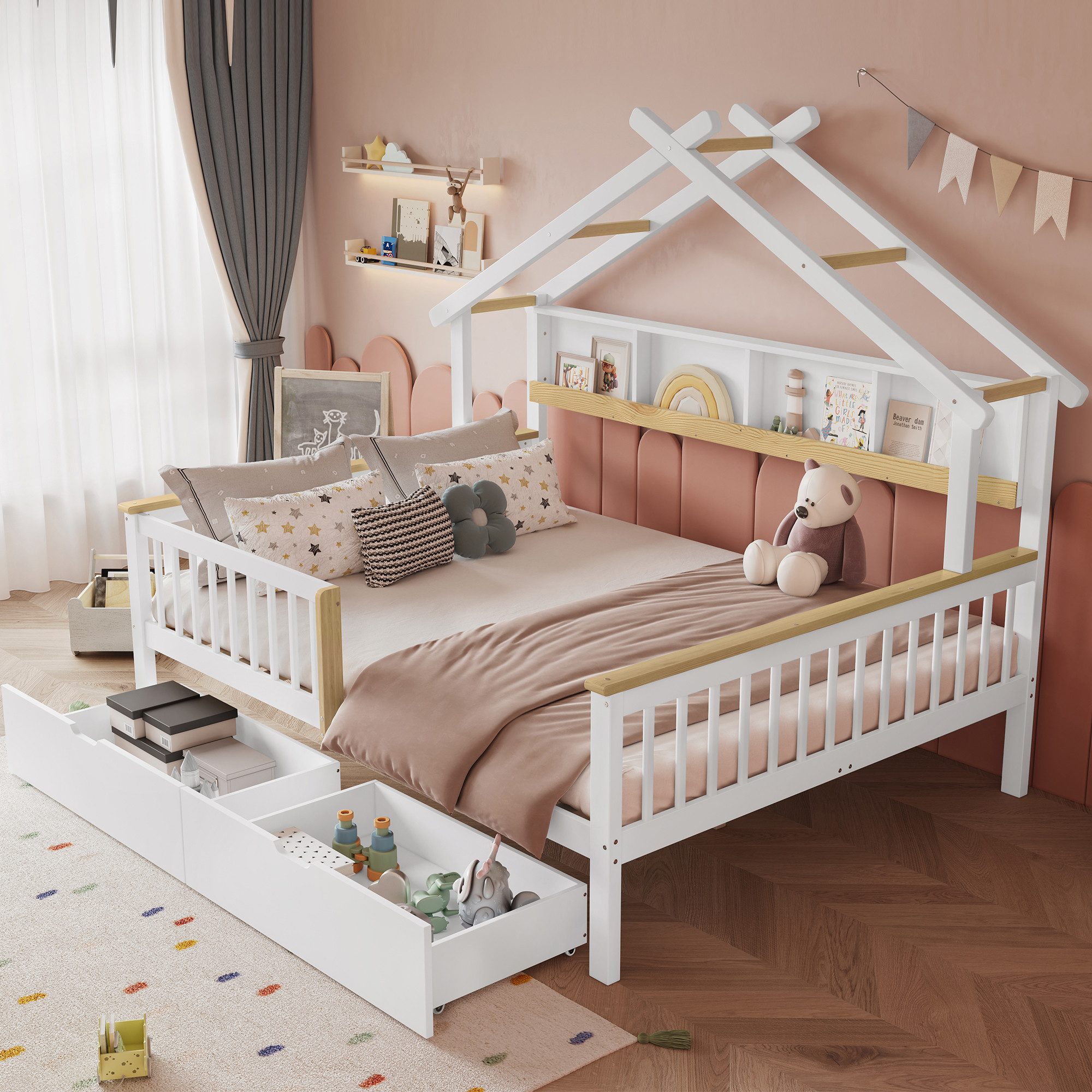 MODFU Kinderbett für Kinderzimmer & Schlafzimmer (Kinderbett mit Fallschutz & Dachdesign, 140x200 cm, Zwei Schubladen auf Rollen, 1-tlg., 218.5x146.5x152cm)