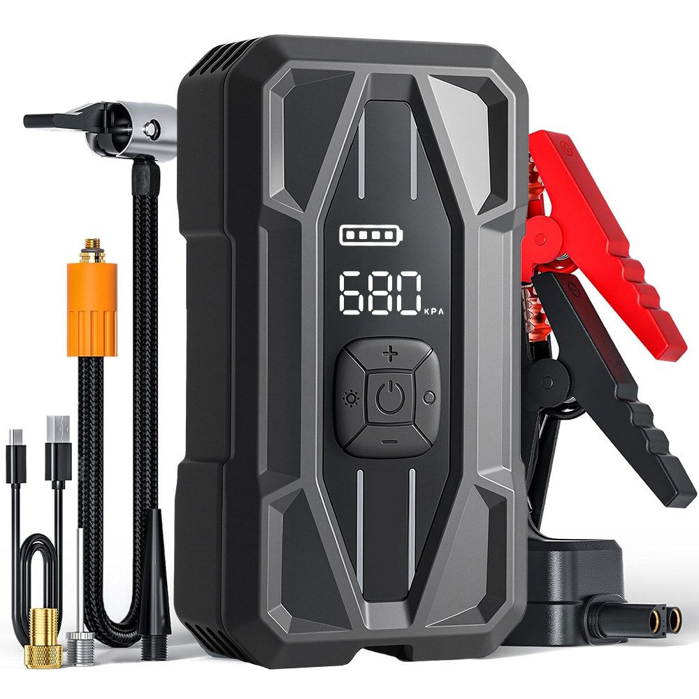 AUDEW Auto Starthilfe Powerbank 5000A 12V Starthilfegerät, 150 PSI Luftkompressor, 3-in-1 LED-Leuchte, 10L Benzin Oder 8L Diesel