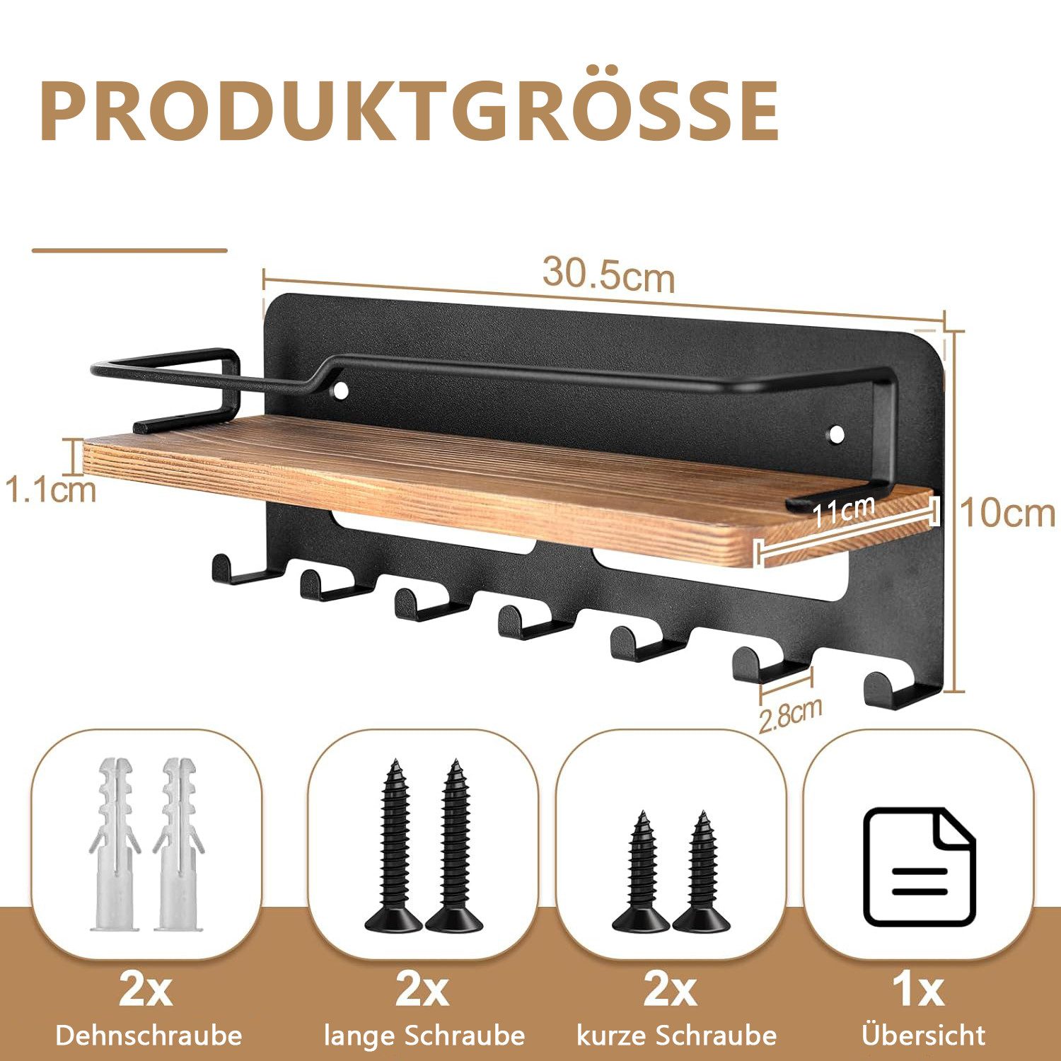 Refined Living Schlüsselbrett Schlüsselbrett Holz mit Ablage Schlüsselhalter mit 7 Haken Wandregal, (Schlüsselboard Wand mit 7 Schlüsselhaken Schlusselhanger Wandorganizer, 1 St., Schlüsselablage Hakenleiste Schlüssel Aufbewahrung Schlüsselleiste), Wandgarderobe für Büro, Flur, Eingang, Schlafzimmer, Küche, Badezimmer