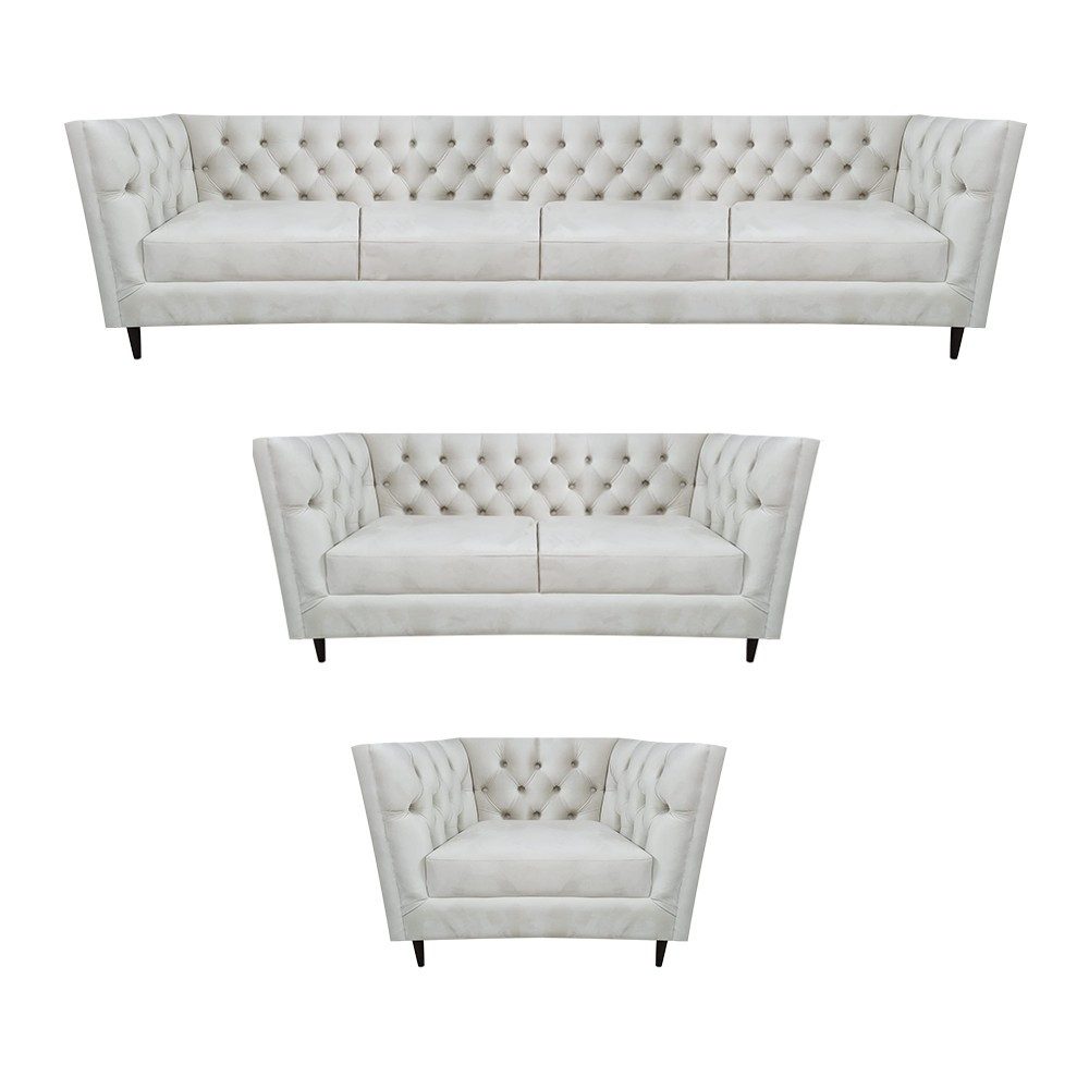 JVmoebel Chesterfield-Sofa Elegantes weißes Leder Sofa im Chesterfield Design mit Nieten, Set 3 Teile, Made in Europa