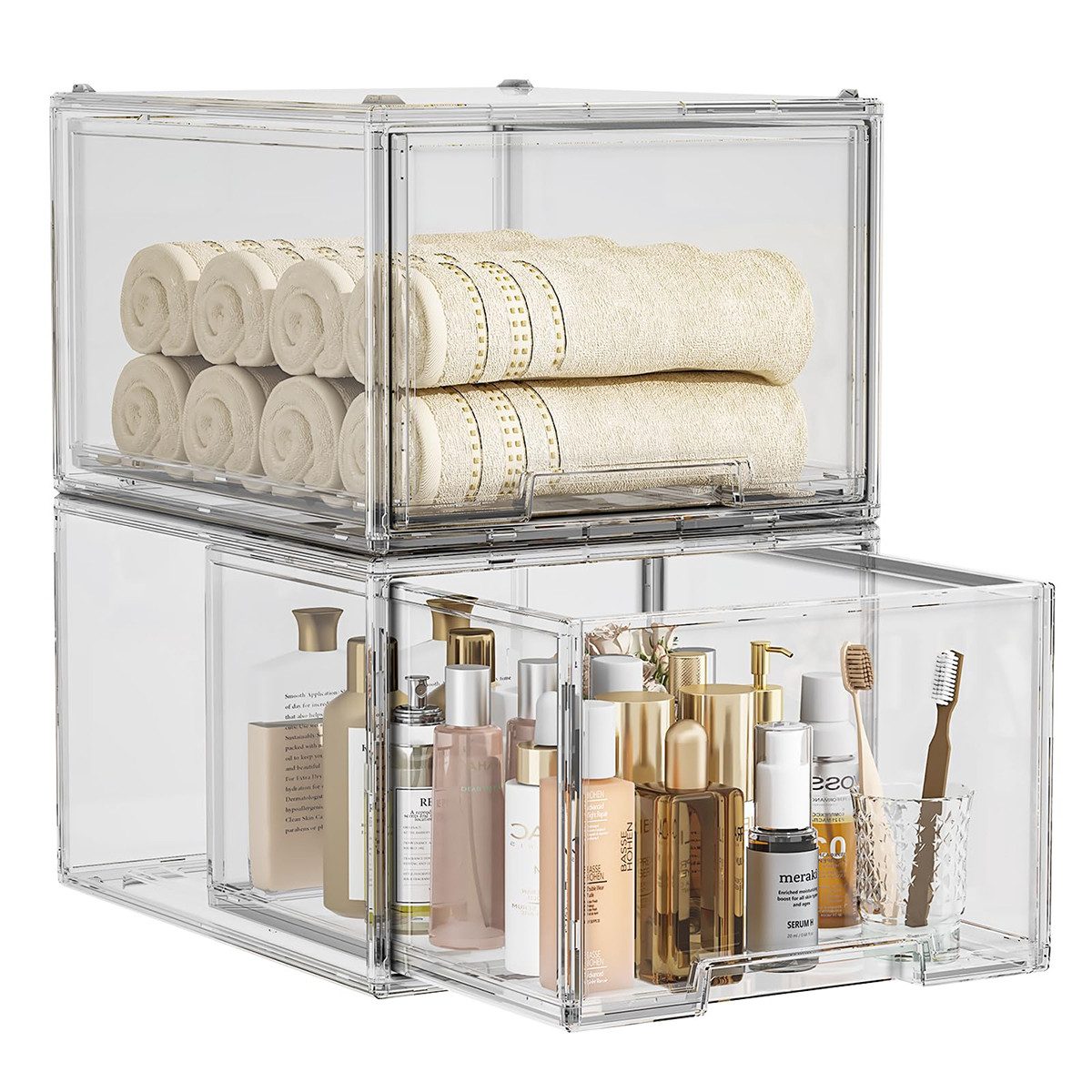 Make-Up Organizer 2 Große Stapelbare Schubladen,Acryl Transparent Kosmetik Organizer