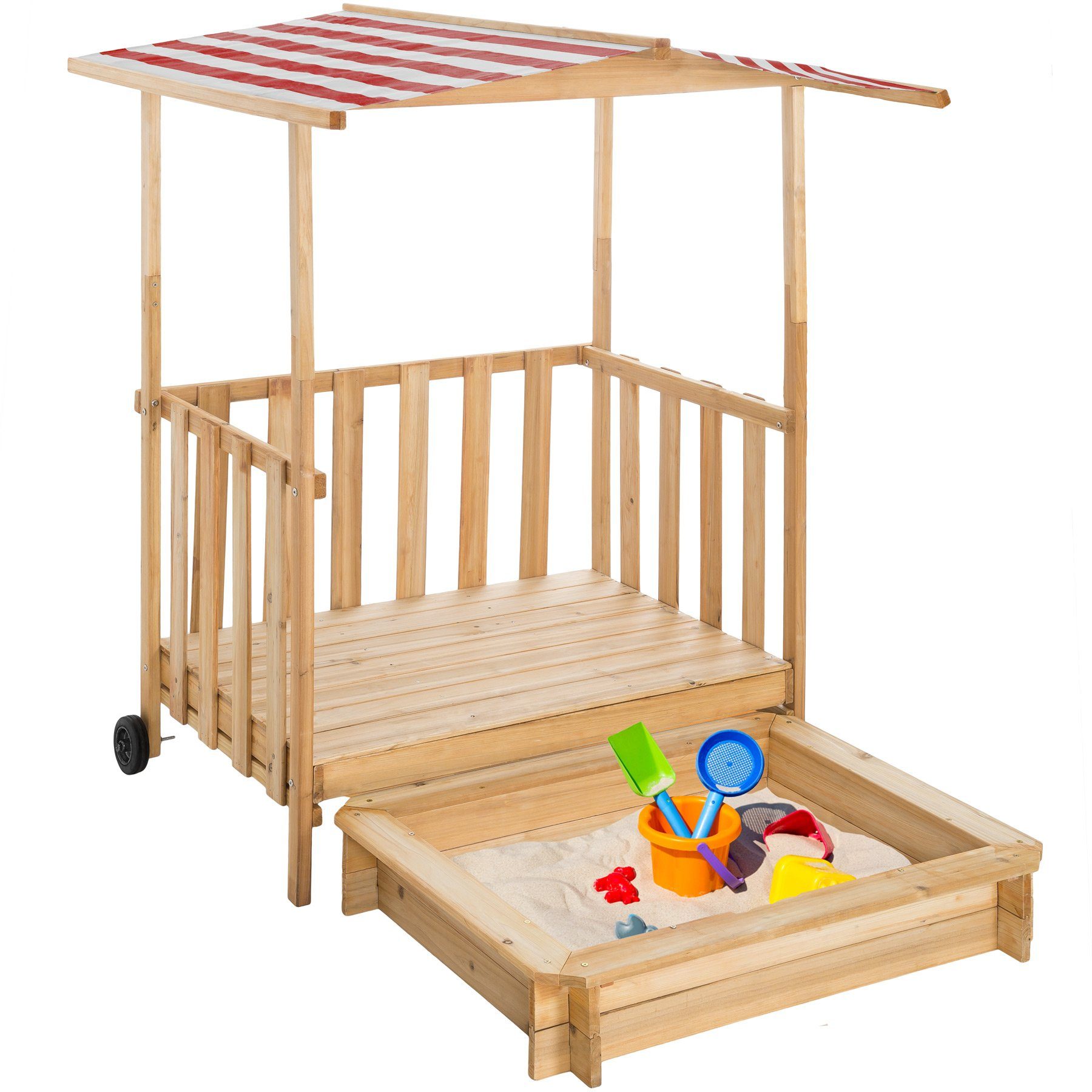 tectake Sandkasten Sandkiste und Spielveranda mit Dach 106x105x137cm, aus Holz