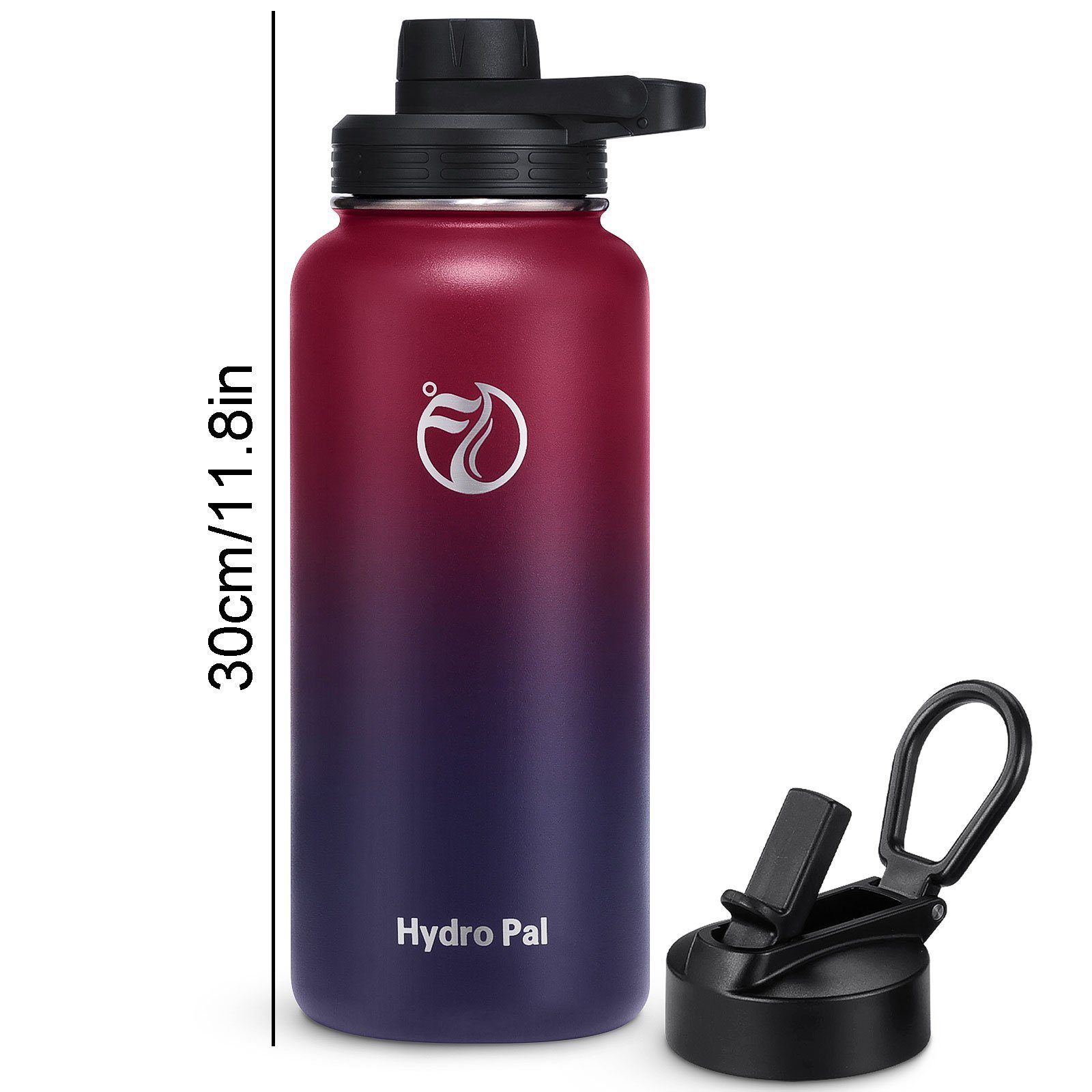 WISHDOR Deckel 2 Auslaufsicher 1L Kohlensäure geeignet 1 Strohhalm Wasserflasche Isolierflasche Isolierte Rot/Lila Edelstahl, Trinkflasche Thermosflasche 2 BPA-Frei Liter