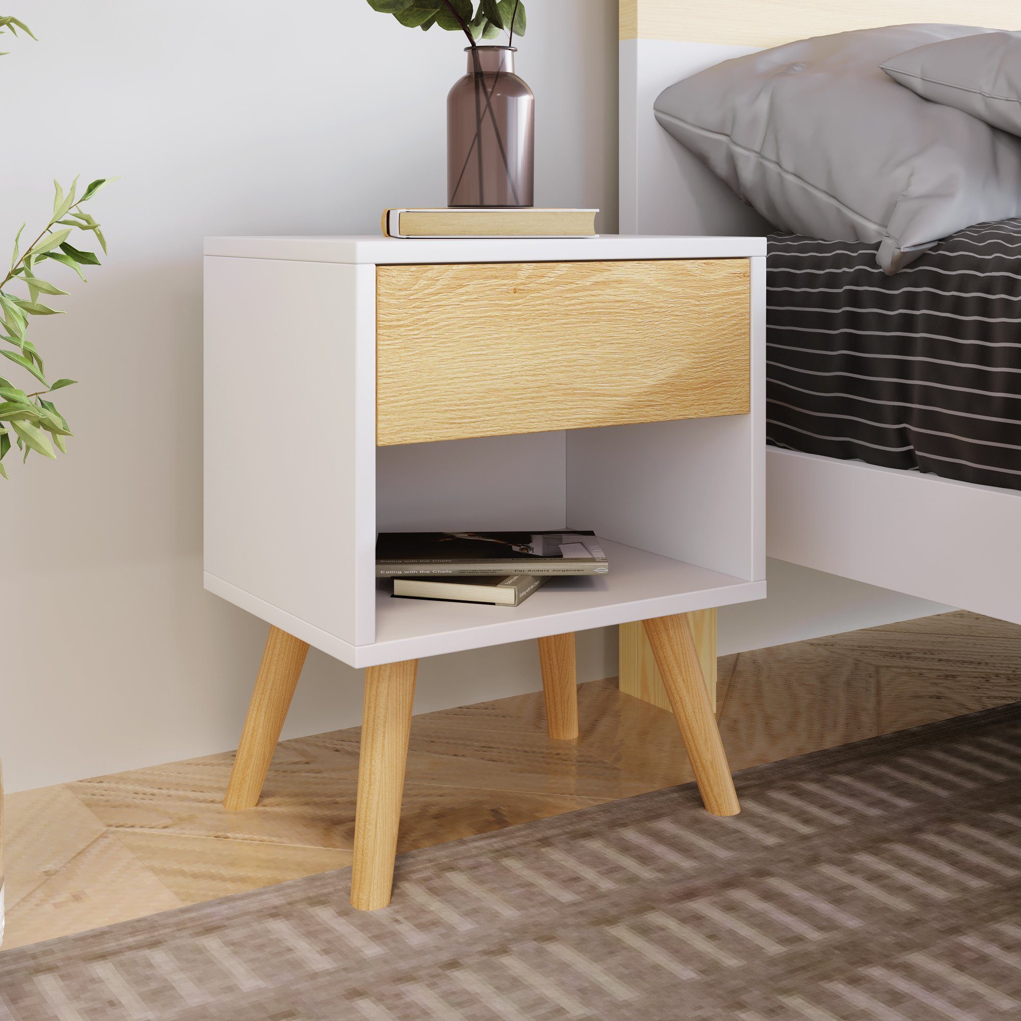 Nachttisch (2-St., Beistelltisch), Nachtschrank Kommode mit Schublade & offenem Fach, Massivholz