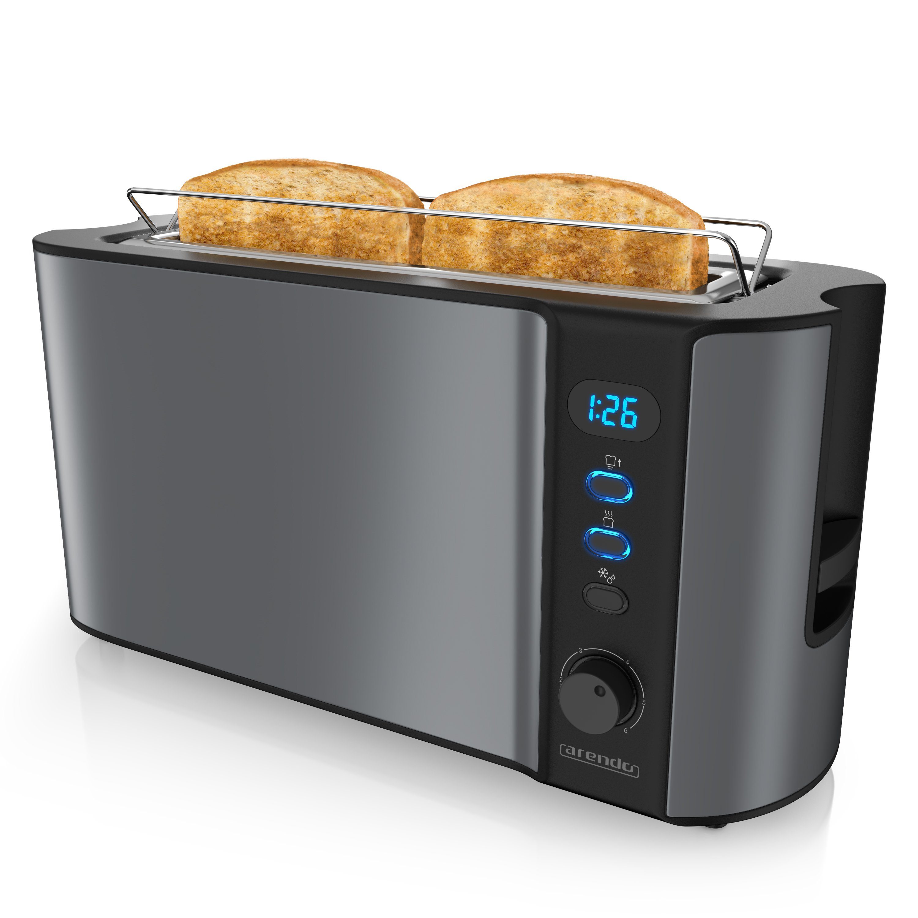Toaster Edelstahl, Langschlitz, Display mit Restzeitanzeige, Brötchenaufsatz