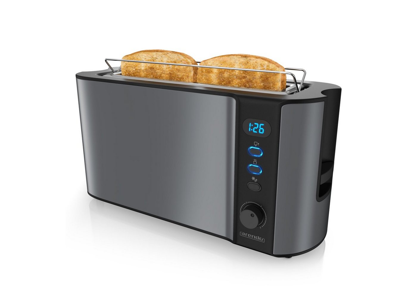 Arendo Toaster Edelstahl, Langschlitz, Display mit Restzeitanzeige, Brötchenaufsatz, 1 langer Schlitz, für 2 Scheiben, 1000 W, Defrost Funktion, Wärmeisolierendes Gehäuse, Krümelschublade