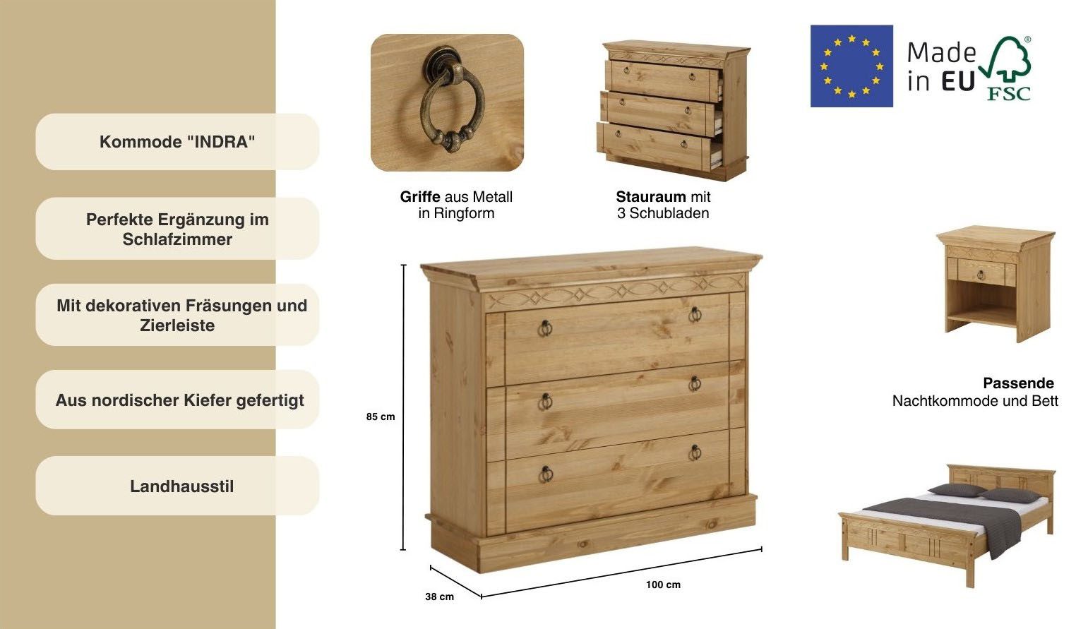 OTTO home Schubkastenkommode Indra, aus massiver Kiefer, mit 3 Schubladen, Breite: 100 cm