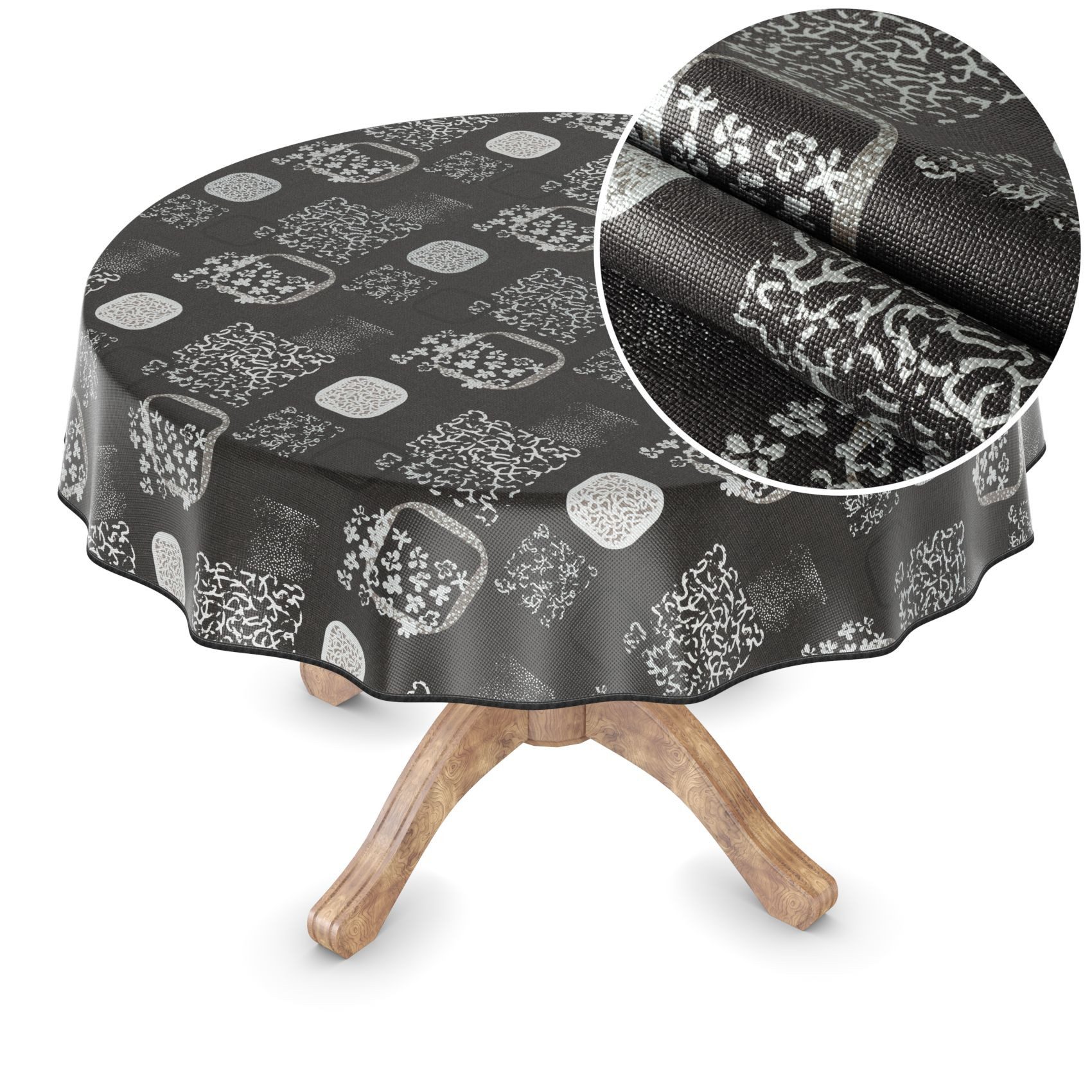 ANRO Tischdecke Wachstuchtischdecke Ornamente Schwarz Gartentischdecke abwaschbar (Einzelstück 1-tlg), Prägung Rund 100cm wasserabweisend mit Saum