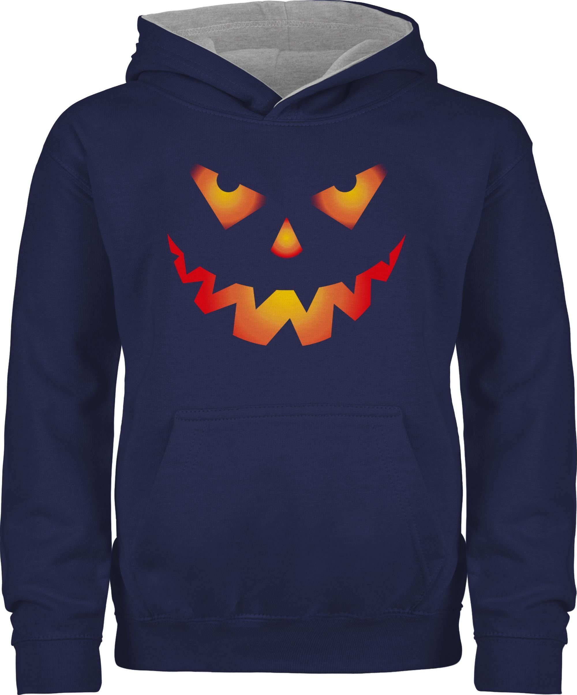 Shirtracer Hoodie Halloween Kürbis Gesicht Gruseliger Kürbisgesicht Gruselig Böse Halloween Kostüme für Kinder 3 Navy Blau/Grau meliert