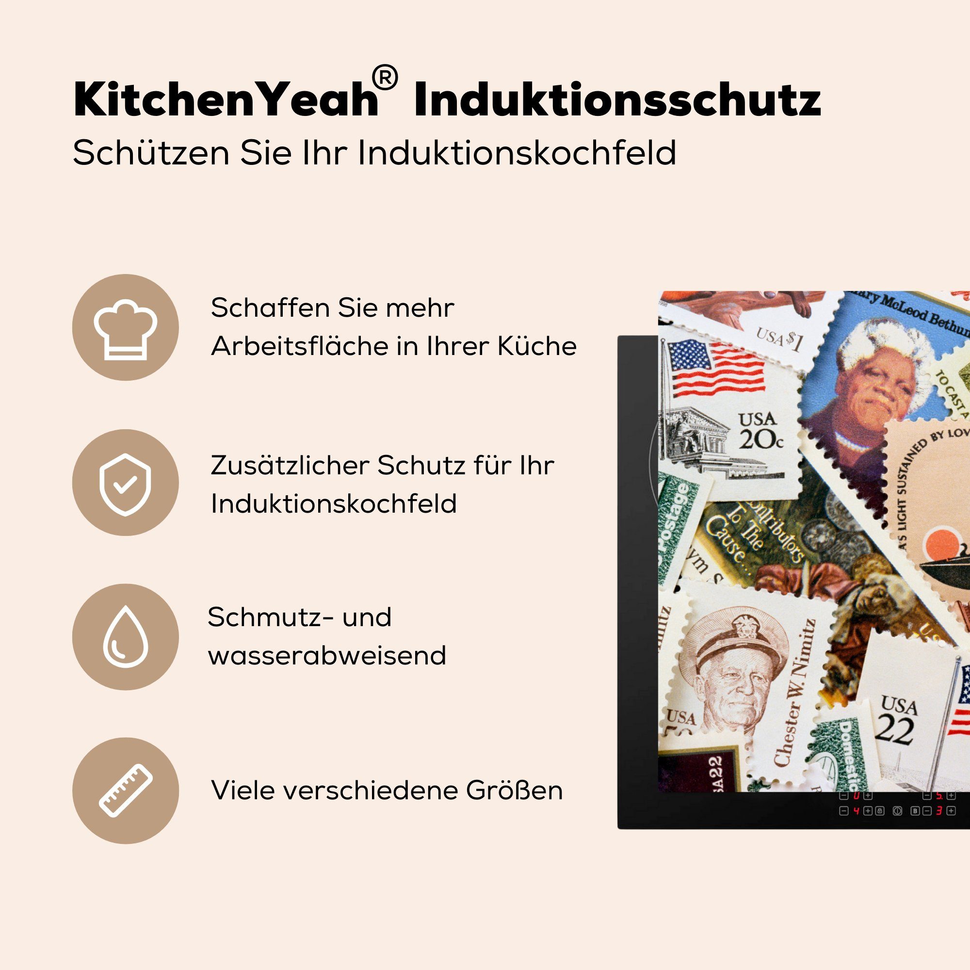 sortiert, Herdblende-/Abdeckplatte MuchoWow die Briefmarken Ceranfeldabdeckung küche, tlg), Vinyl, für 81x52 cm, Schutz Induktionskochfeld (1