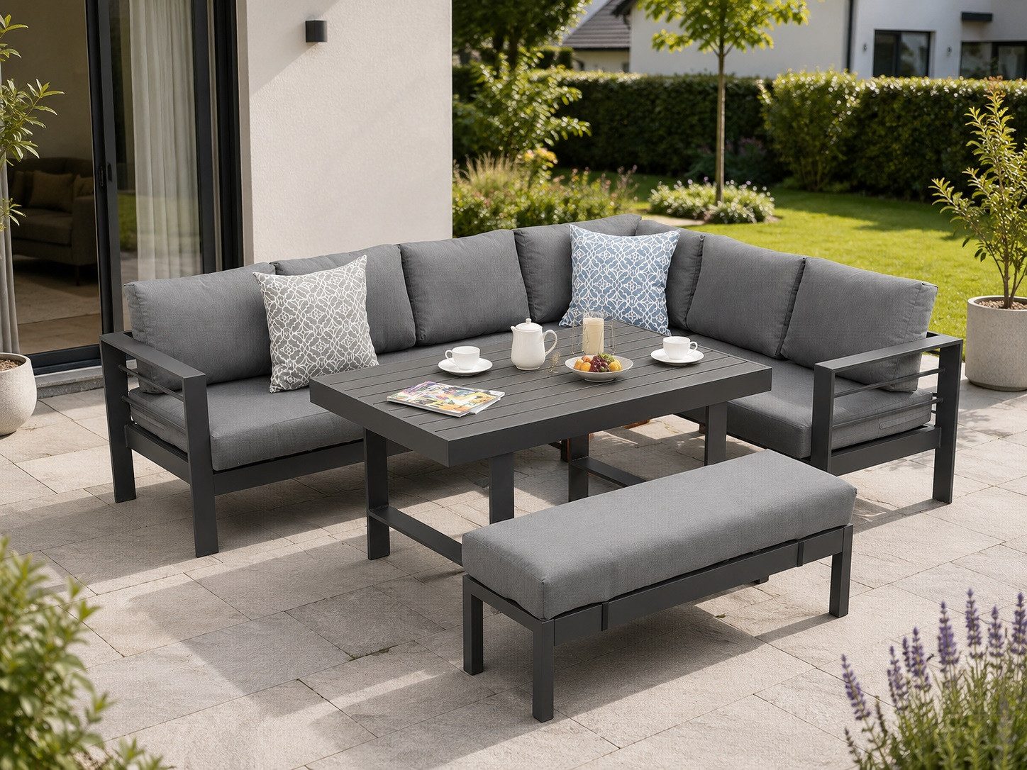 MeXo Gartenlounge-Set XXL Outdoor Lounge Set mit Esstisch, (wetterfeste modulare Ecklounge aus Aluminium, 5-tlg., Gartenmöbel Set für 6-8 Personen), 12cm Deluxe – Bild 4 von 5