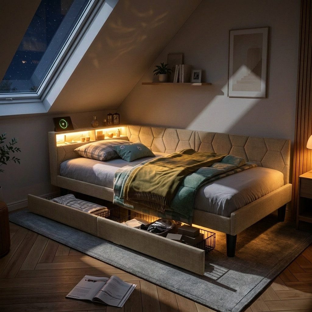 PXloue Polsterbett Daybett Tagesbett Ausziehbett (LED) (Samtstoff) (1-tlg., LED-Beleuchtung, Ladestation, in 2 Größen verfügbar), 2 Schubladen, Kopfteil Verwandelt sich in ein Bett, 90x200 cm