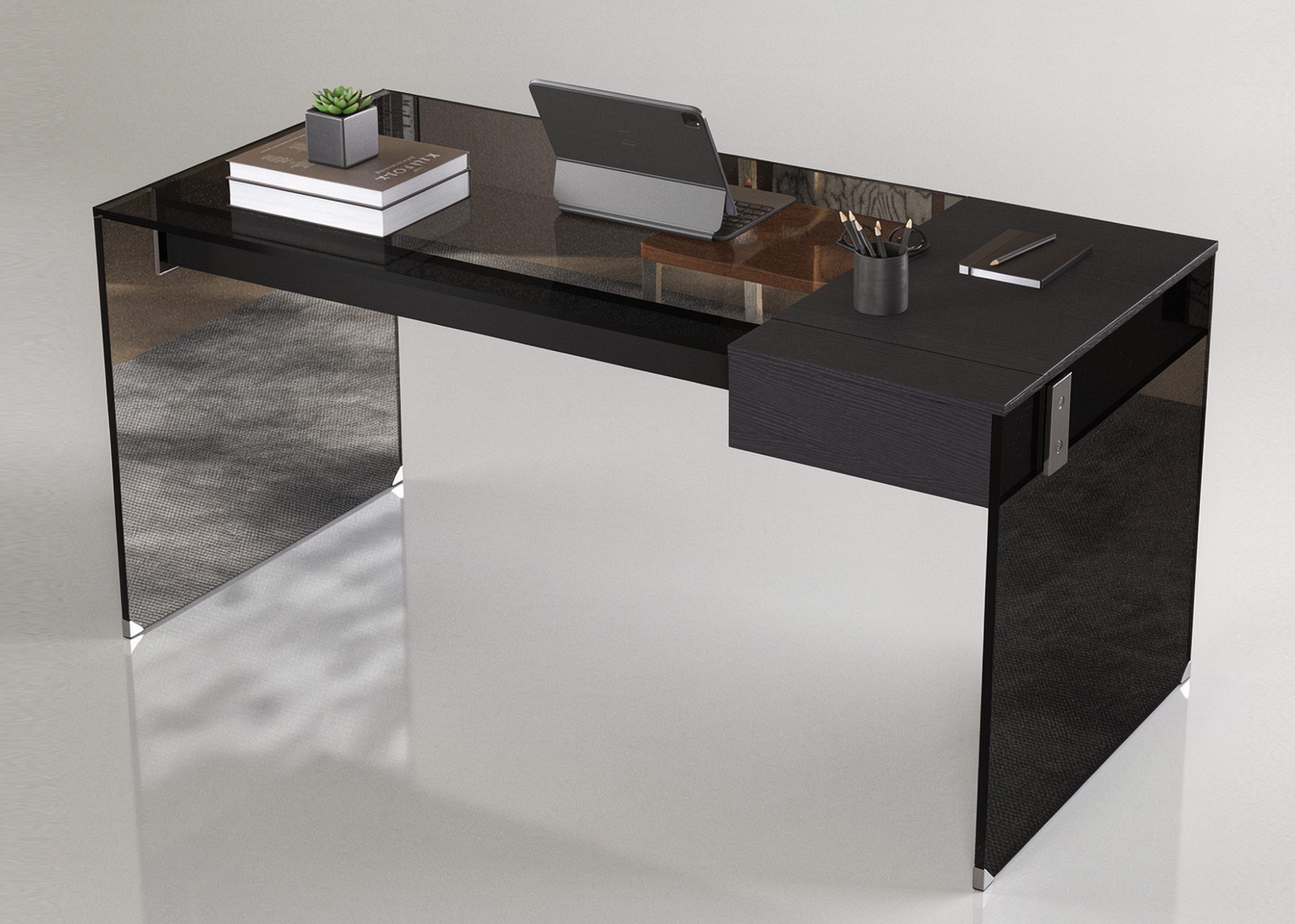 oleyluckidea Schreibtisch mit Schubladen aus Sicherheitsglas, Schwarz (ein Tisch), Breite 135 cm