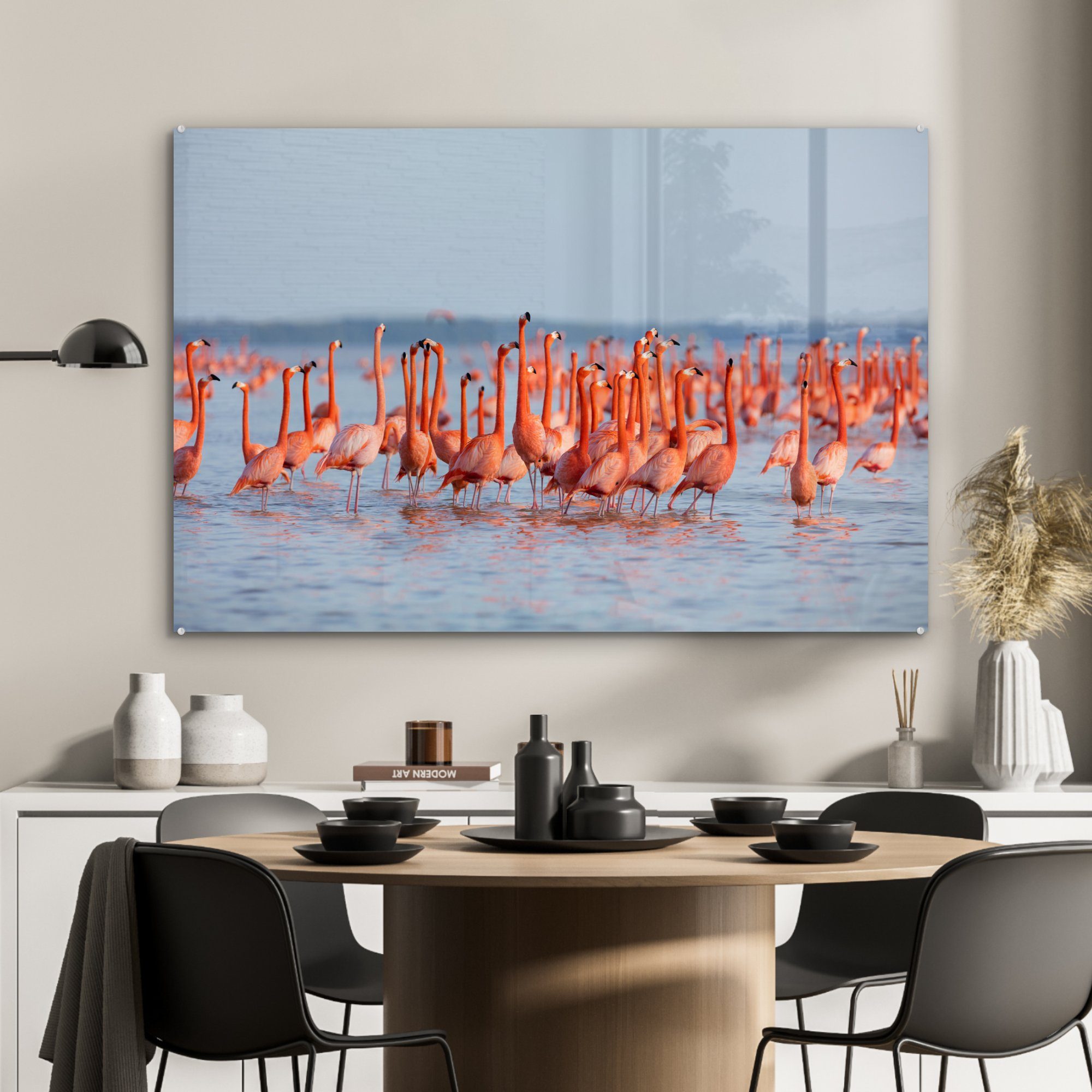 MuchoWow Acrylglasbild Große Gruppe von Acrylglasbilder Schlafzimmer Wohnzimmer im Flamingos & (1 Wasser, St)