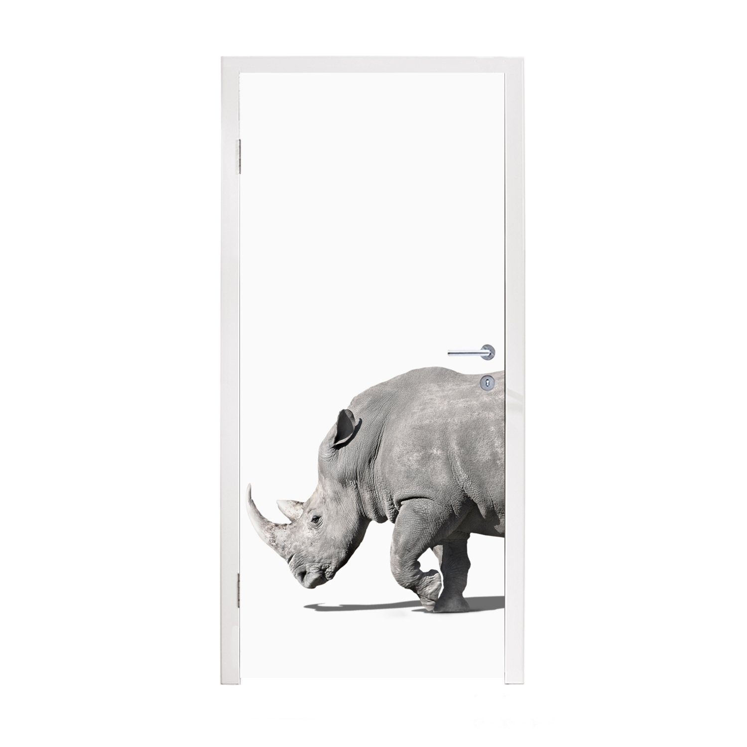 MuchoWow Türtapete Rhinozeros - Tiere - Weiß, Matt, bedruckt, (1 St), Fototapete für Tür, Türaufkleber, 75x205 cm