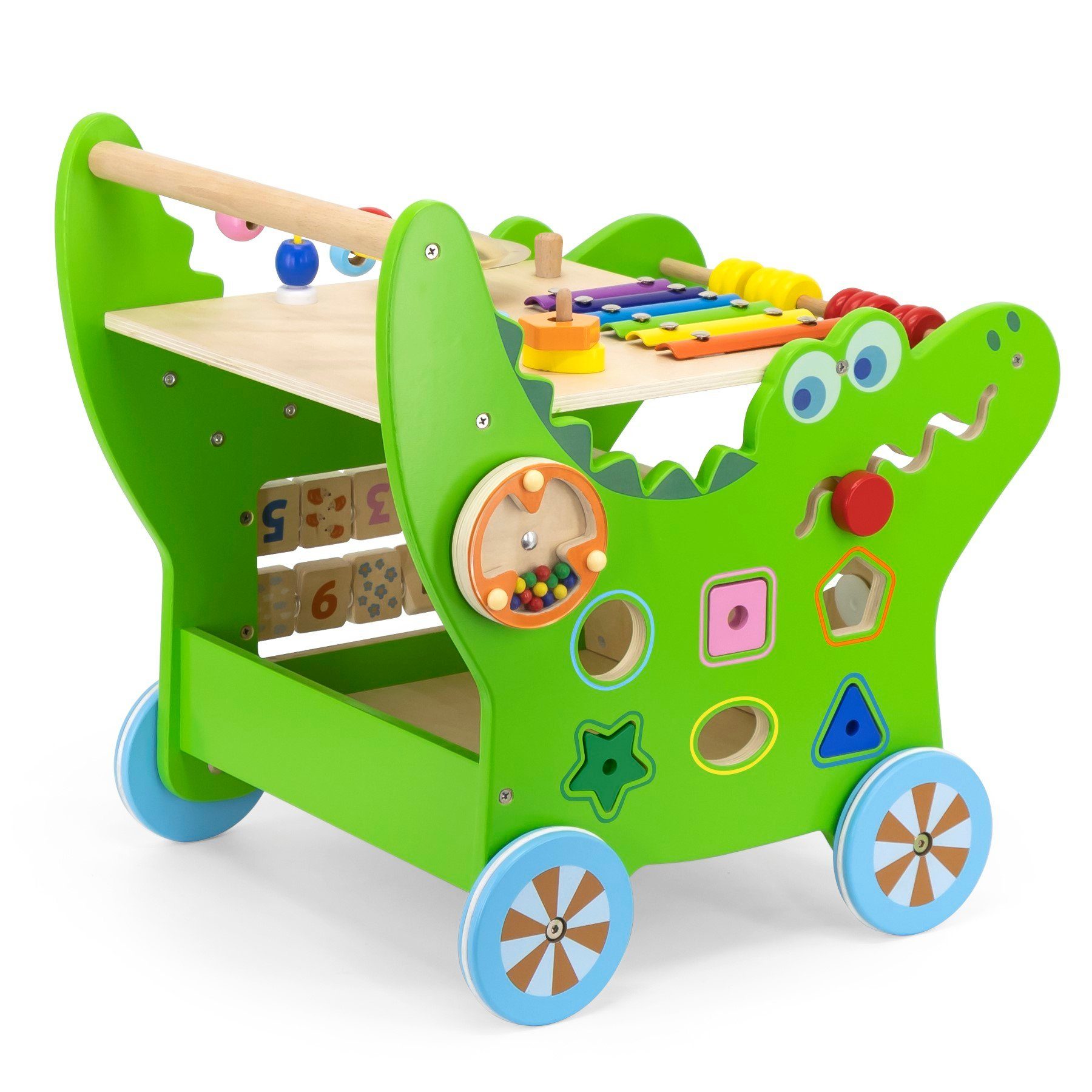 TikTakToo Lauflernwagen Baby Aktivity Walker, Lauflernwagen Lauflerner, Motorikbrett, (mit Xylophon, Glocke, Stapelspiel, Motorikspieltisch auf Rädern mit Formensteckspiel, Motorikschleife), aus FSC-Holz, mit Gummilaufringen und Motorikspielzeug, Motorikwürfel