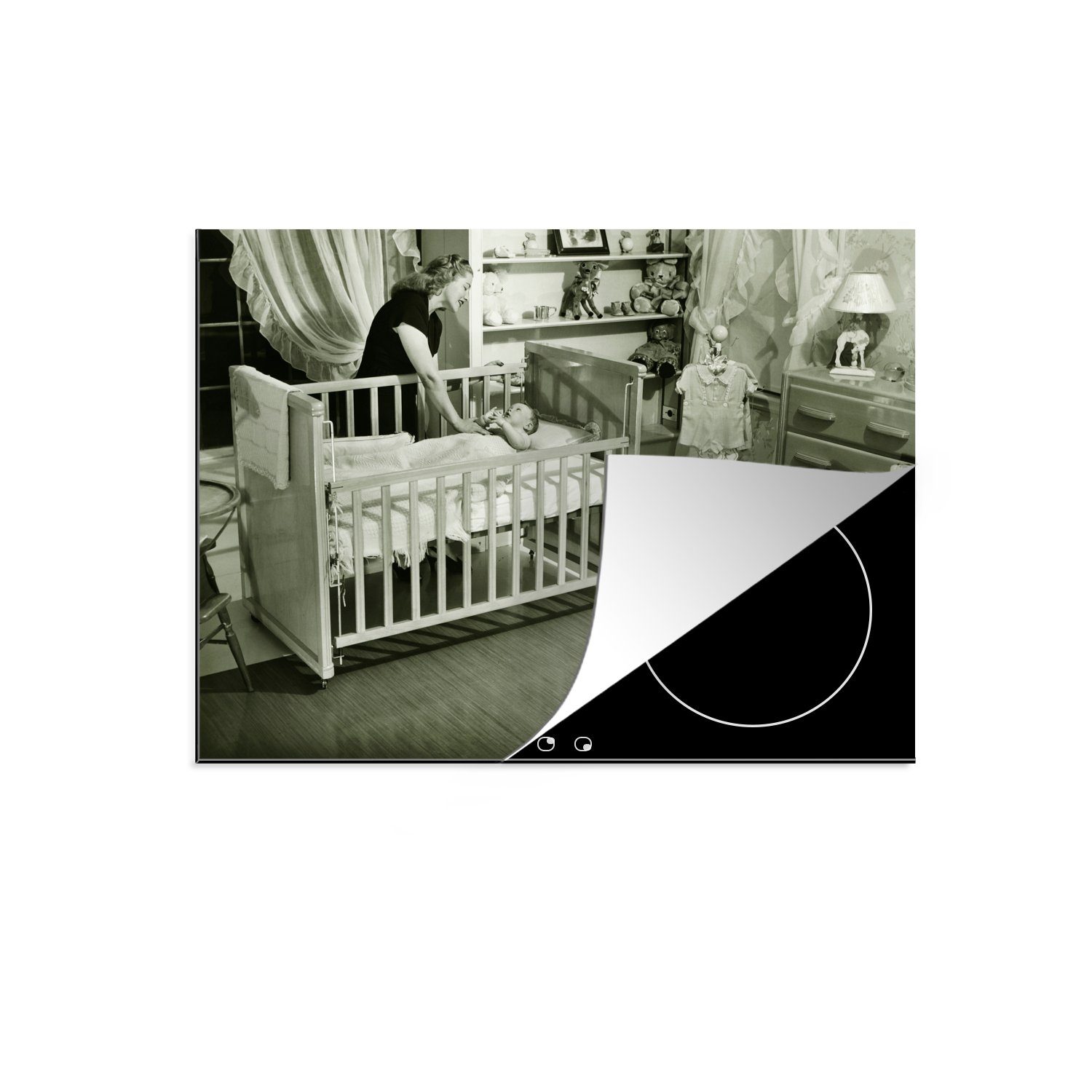 MuchoWow Herdblende-/Abdeckplatte Eine Mutter schaut ihr Kind im Kinderzimmer an, Vinyl, (1 tlg), 70x52 cm, Mobile Arbeitsfläche nutzbar, Ceranfeldabdeckung