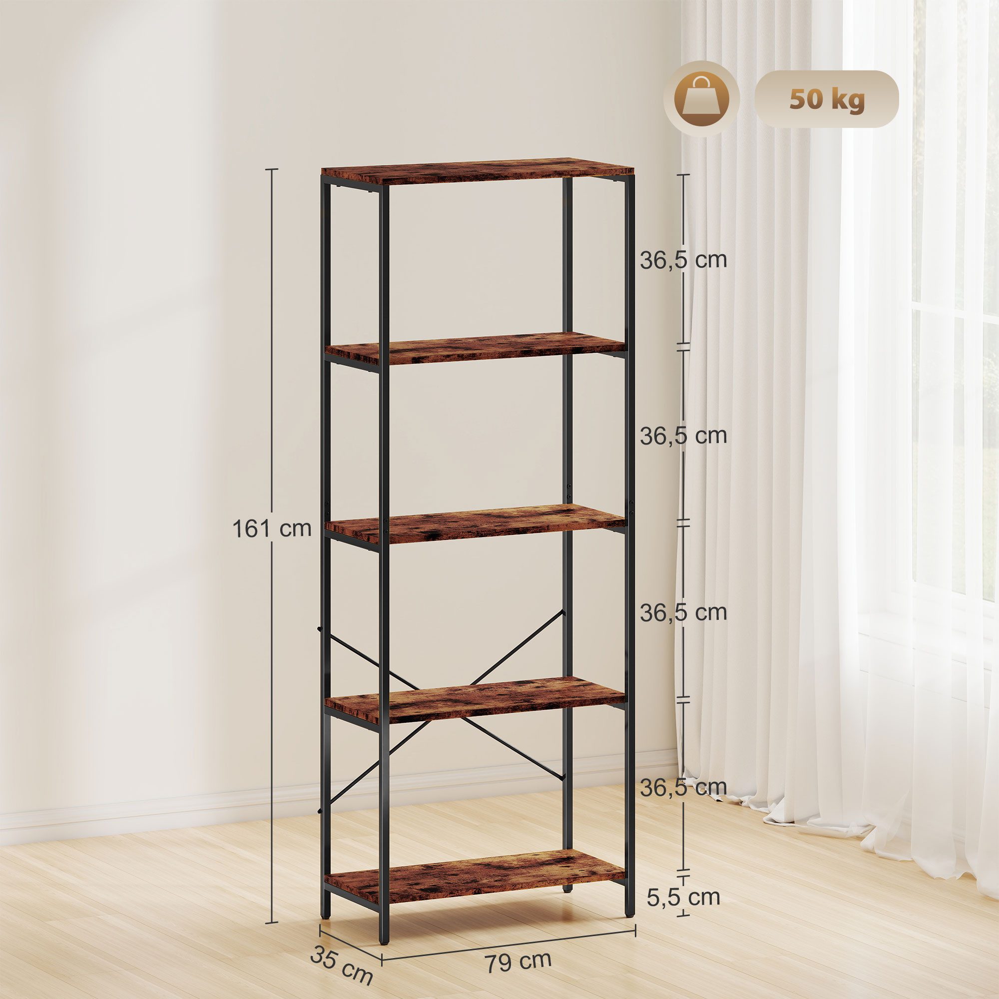 HOMCOM Bücherregal Industrielles Büroregal mit Metallrahmen, offenes Standregal, Standregal mit 5 Ebenen 1-tlg., für Wohnzimmer, Büro, Arbeitszimmer, 79x35x161cm, Rustikal-Braun