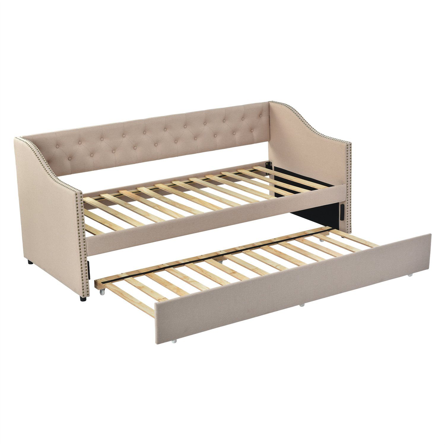 Daybett (Polsterbett mit Ausziehbarem Unterbett und Lattenrost), Schlafsofa Kinderbett Gästebett 90x200cm, Leinen