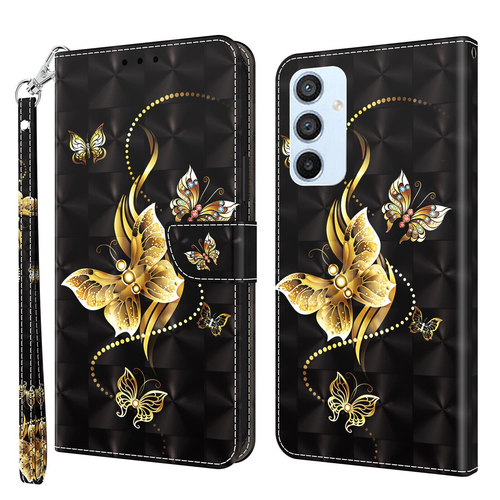 CLM-Tech Handytasche für Samsung Galaxy A54 5G Hülle aus Kunstleder Klapphülle (goldener Schmetterling schwarz, Handyhülle Wallet Flip Case Cover Etui), Schutzhülle mit Standfunktion, Kartenfächer und Magnetverschluss von CLM-Tech