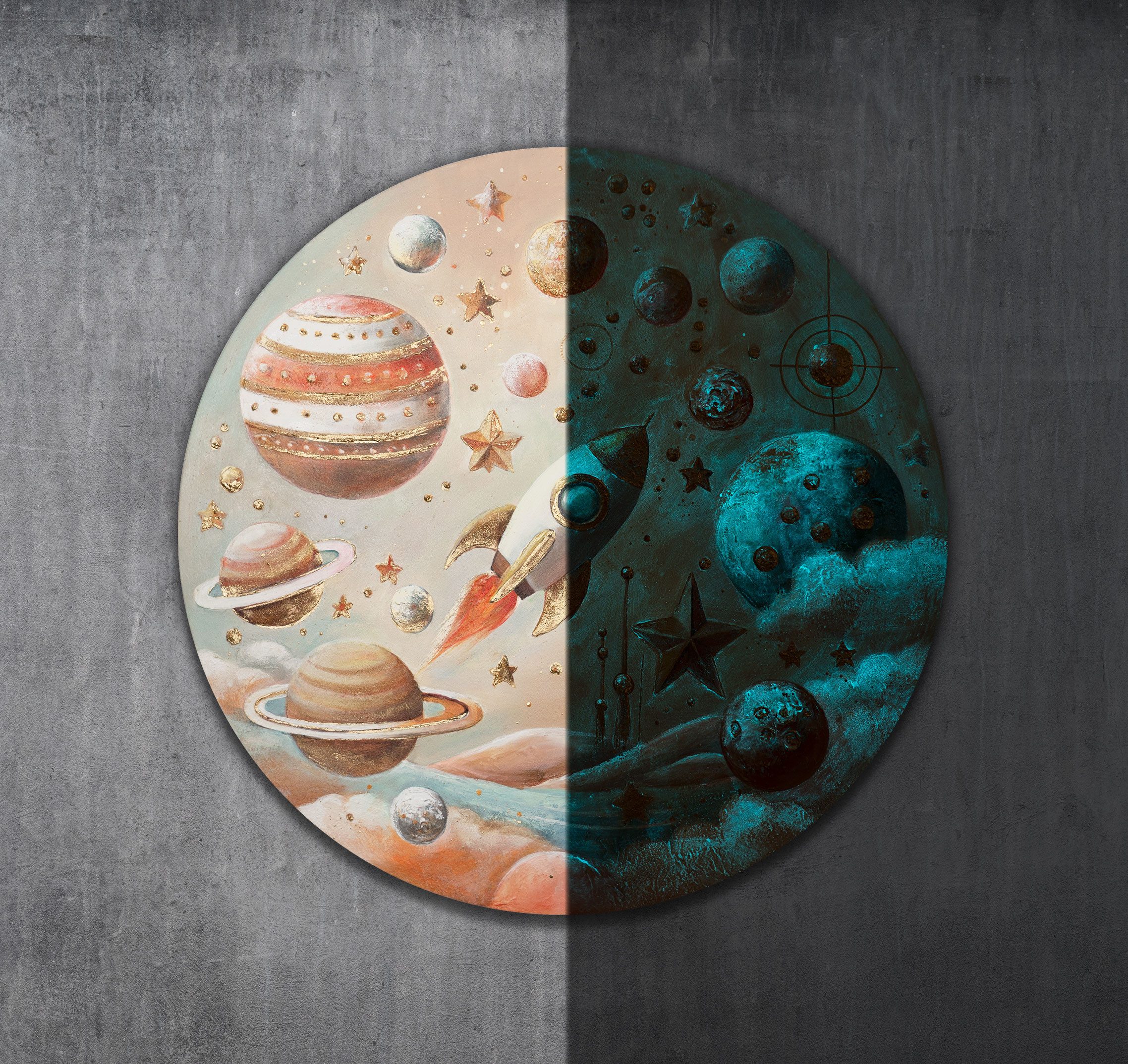 YS-Art Gemälde nachtleuchtendes rundes Leinwandbild eines Planeten, Fluoreszierenden Farbe, die das Wandbild zum leuchten bringen