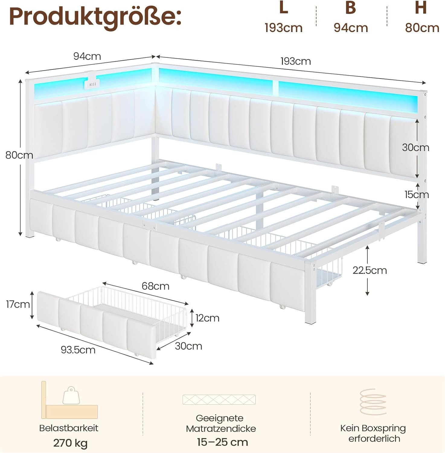 MSMASK Daybett mit LED-Beleuchtung & USB-Ladeanschlüssen, L-förmiges Schlafsofa, Kinderbett Jugendbett mit 2 Schubladen, 90 x 190 cm