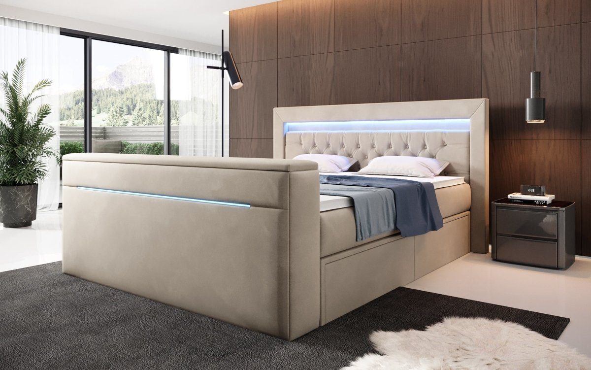 Luxusbetten24 Boxspringbett Jupiter, mit TV Lift, RGB und Stauraum Beige