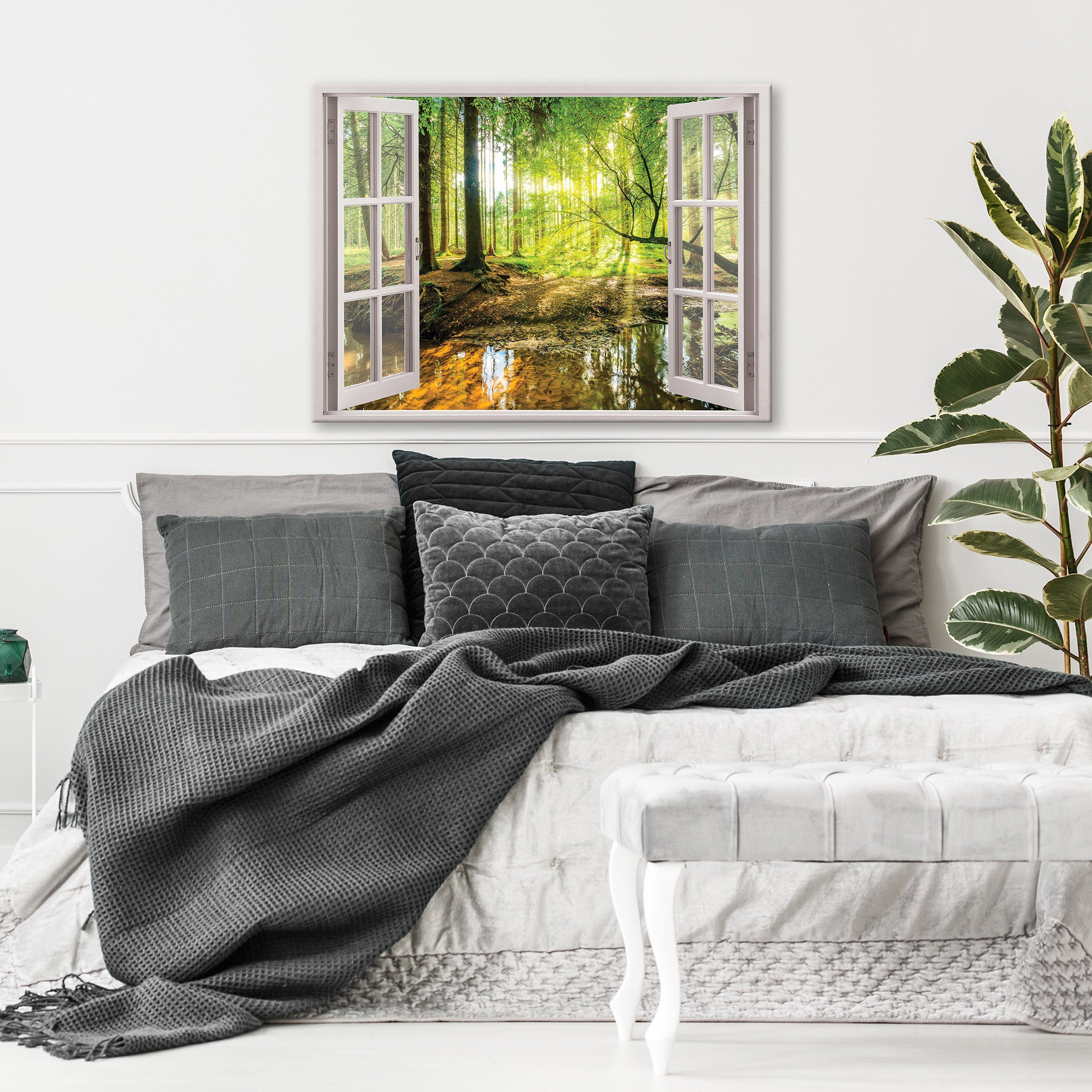 Wallarena Leinwandbild Modern Schlafzimmer, Wandbild Fenster Wohnzimmer Fensterblick Aufhängefertig Wald (Einteilig), XXL