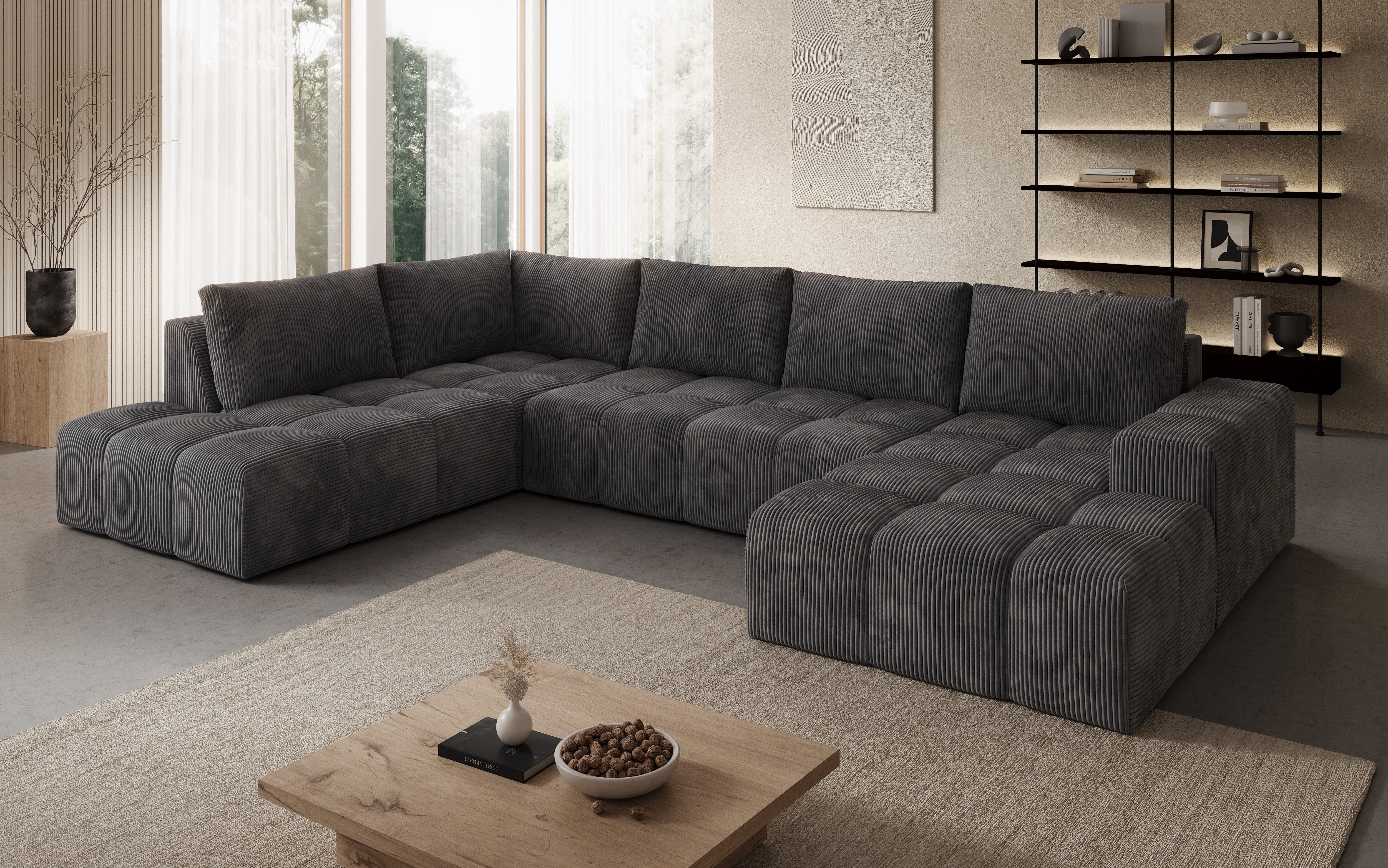 PROMETO Möbel Ecksofa U-Sofa, Große Sofa im Cord-Stoff, Teddy-Boucle oder Web, 2 Ottomanen, Großes U-Sofa mit Cordstoff-Bezug, zwei Ottomanen