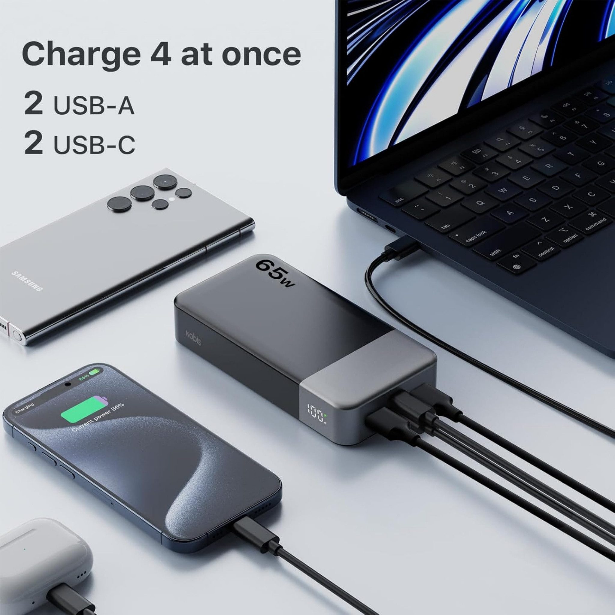 NOBIS Powerbank 20000mAh 65W Schnellladen USB-C/A PD Externer Akku Tragbare Powerbank (5 V), Schnelllade Powerbank, LED Anzeig, für Laptop Smartphone Tablet Rei – Bild 4 von 5