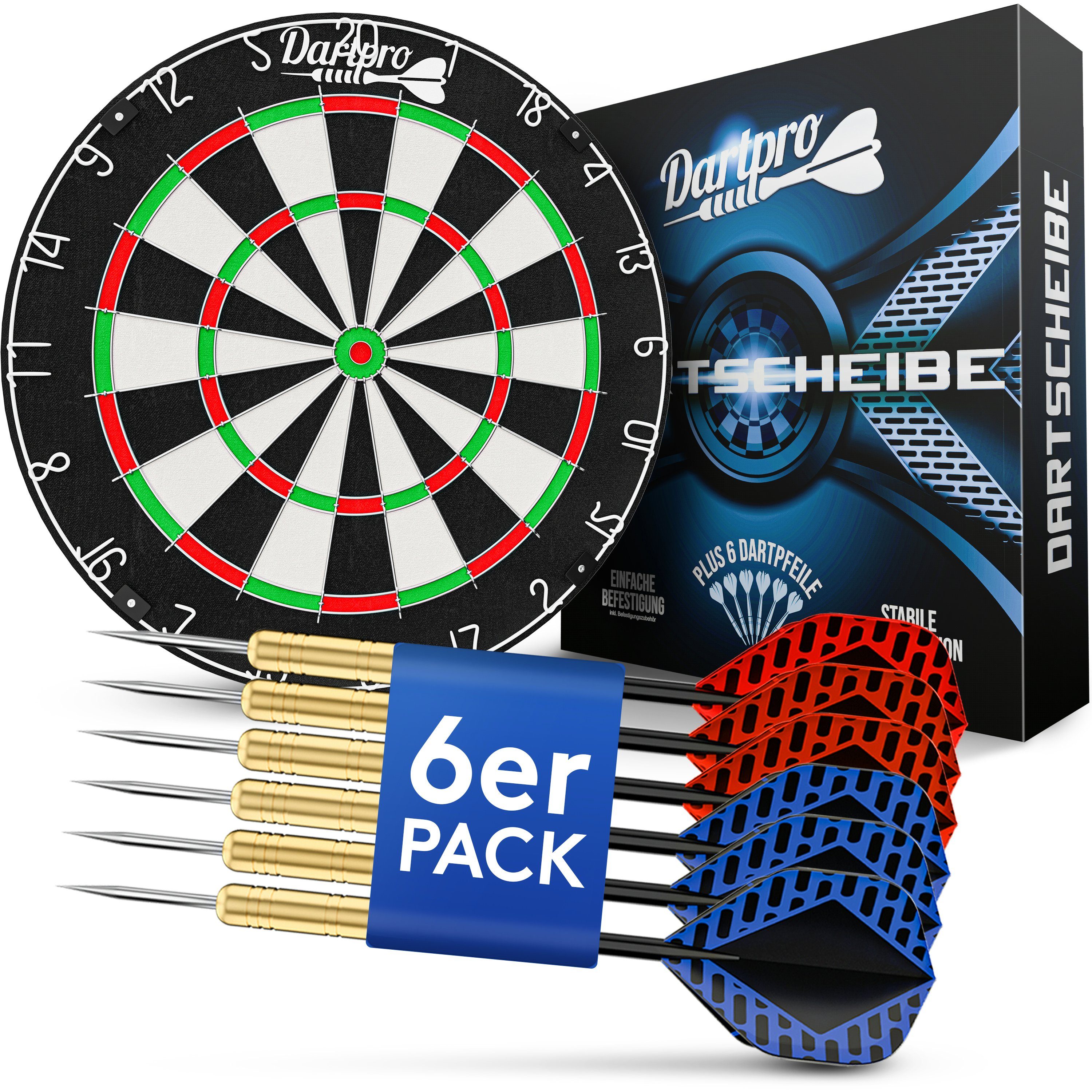 DartPro Dartscheibe Steeldart - Profi Dartboard inkl. 6 Steeldarts (18g) -, hochwertigstes Sisal, extrem dünne Drähte, inkl. Montageset