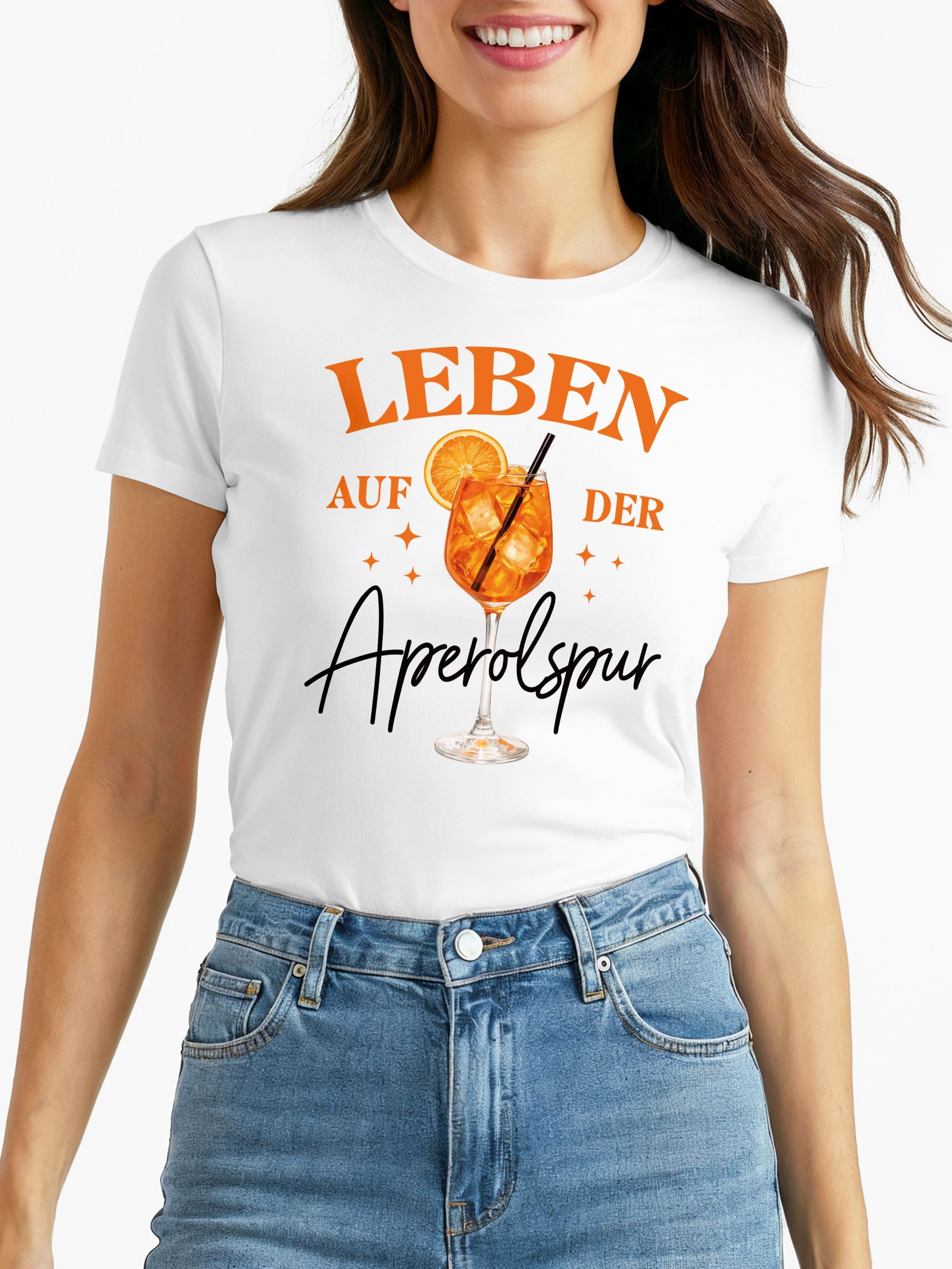 MoonWorks Print-Shirt Damen T-Shirt Spruch - Aperolspur - Kostümidee Mädelsabend JGA mit Print