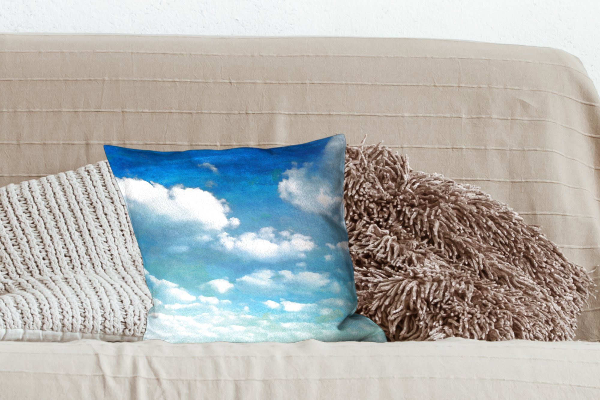 Dekokissen Deko, Schlafzimmer, Zierkissen für MuchoWow Aquarell - Sommer, Wolken Sofakissen Wohzimmer, mit Füllung -