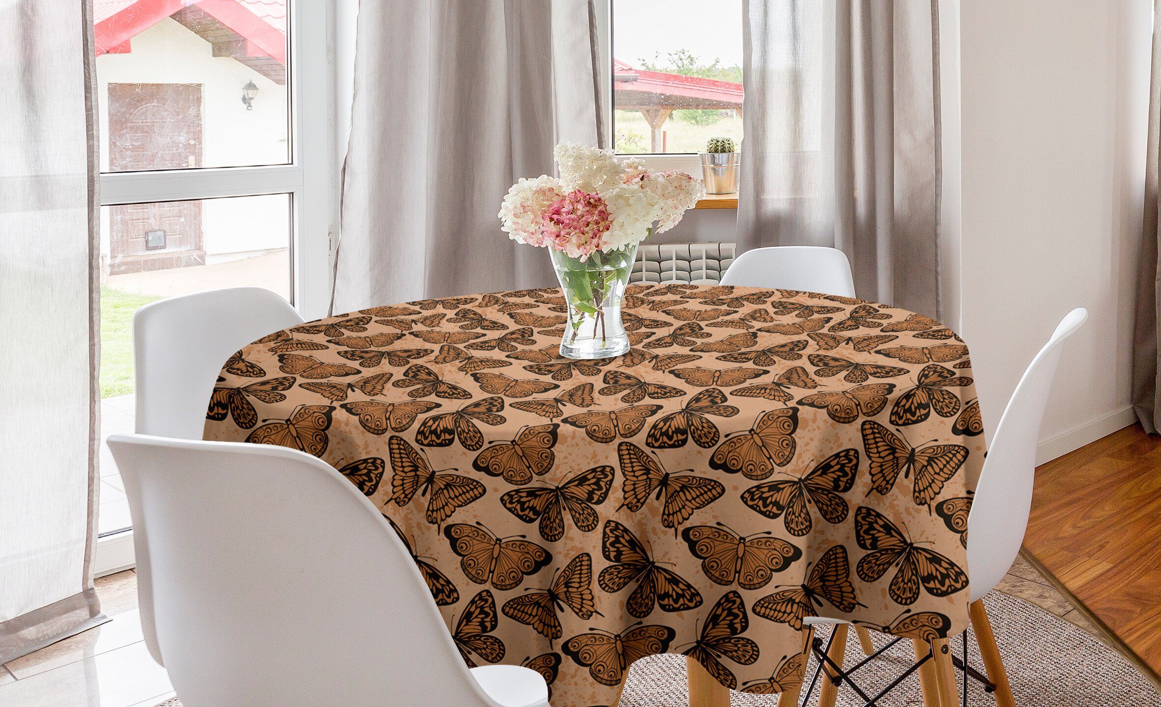 Abakuhaus Tischdecke Kreis Tischdecke Abdeckung für Esszimmer Küche Dekoration, Orange Braun Schmetterlinge Grunge Art