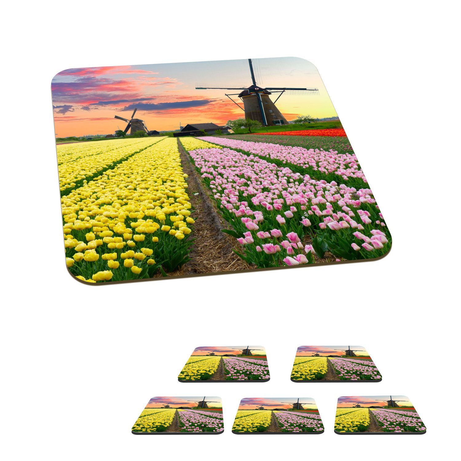 MuchoWow Glasuntersetzer Windmühle - Tulpen - Blumen - Niederlande, Zubehör für Gläser, 6-tlg., Glasuntersetzer, Tischuntersetzer, Korkuntersetzer, Untersetzer, Tasse