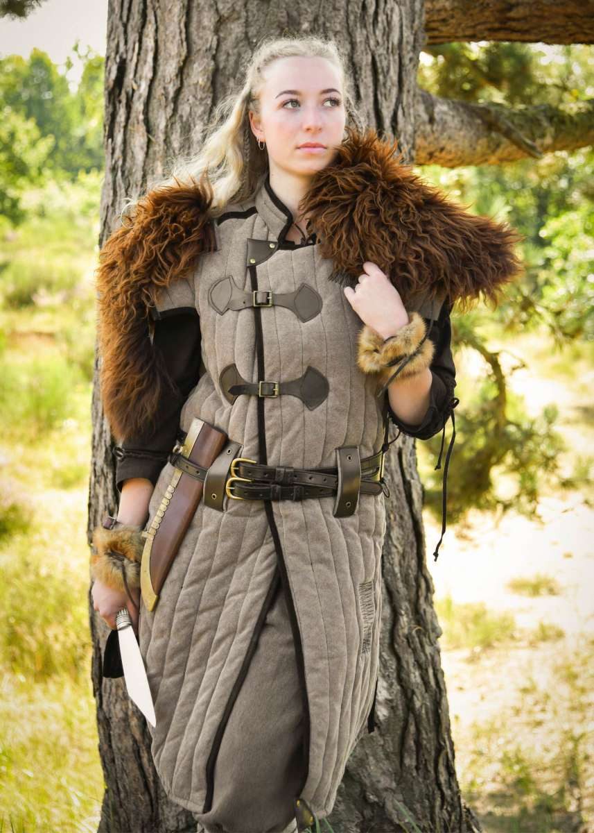 Battle Merchant Wikinger-Kostüm Mittelalter Gambeson Used-Look, braun – schwarz „Vari“