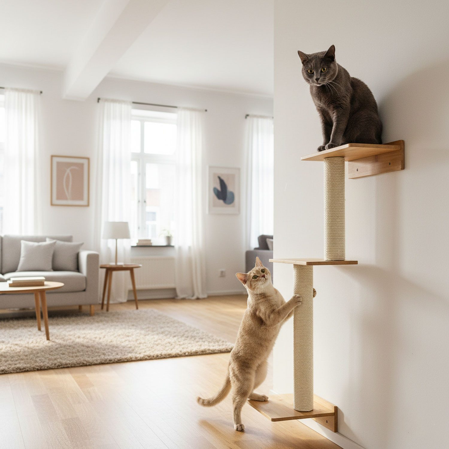 eyepower Kratzbaum zur Wandmontage - 107 cm Wandkratzbaum für Katzen mit 3 Bambus Plateau, Sisalstamm Wand - Katzenkratzbaum platzsparend - Kletterwand Katze